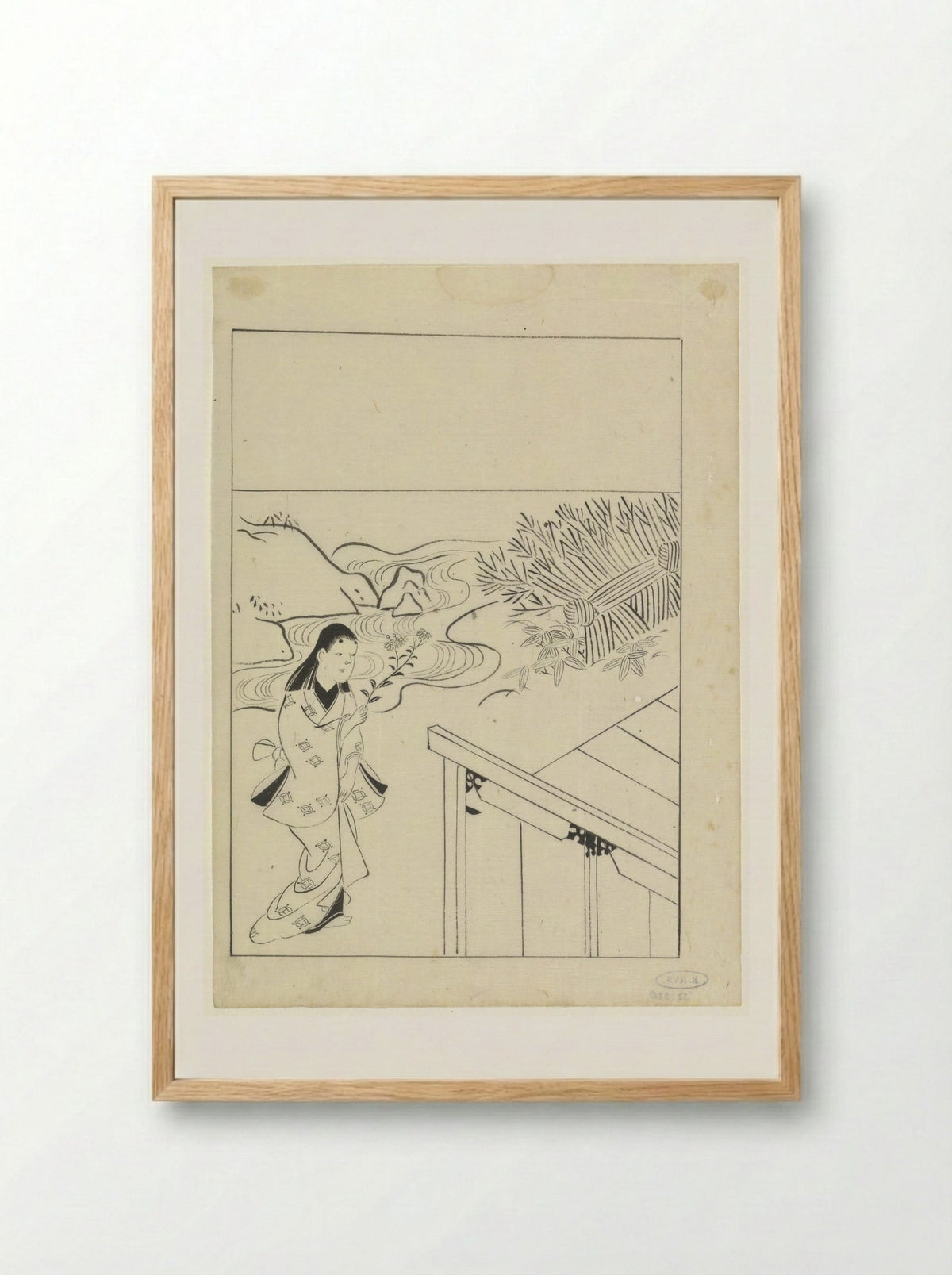 Woman with a Flowering Branch in a Garden - Hishikawa Moronobu - Framed Print Wood