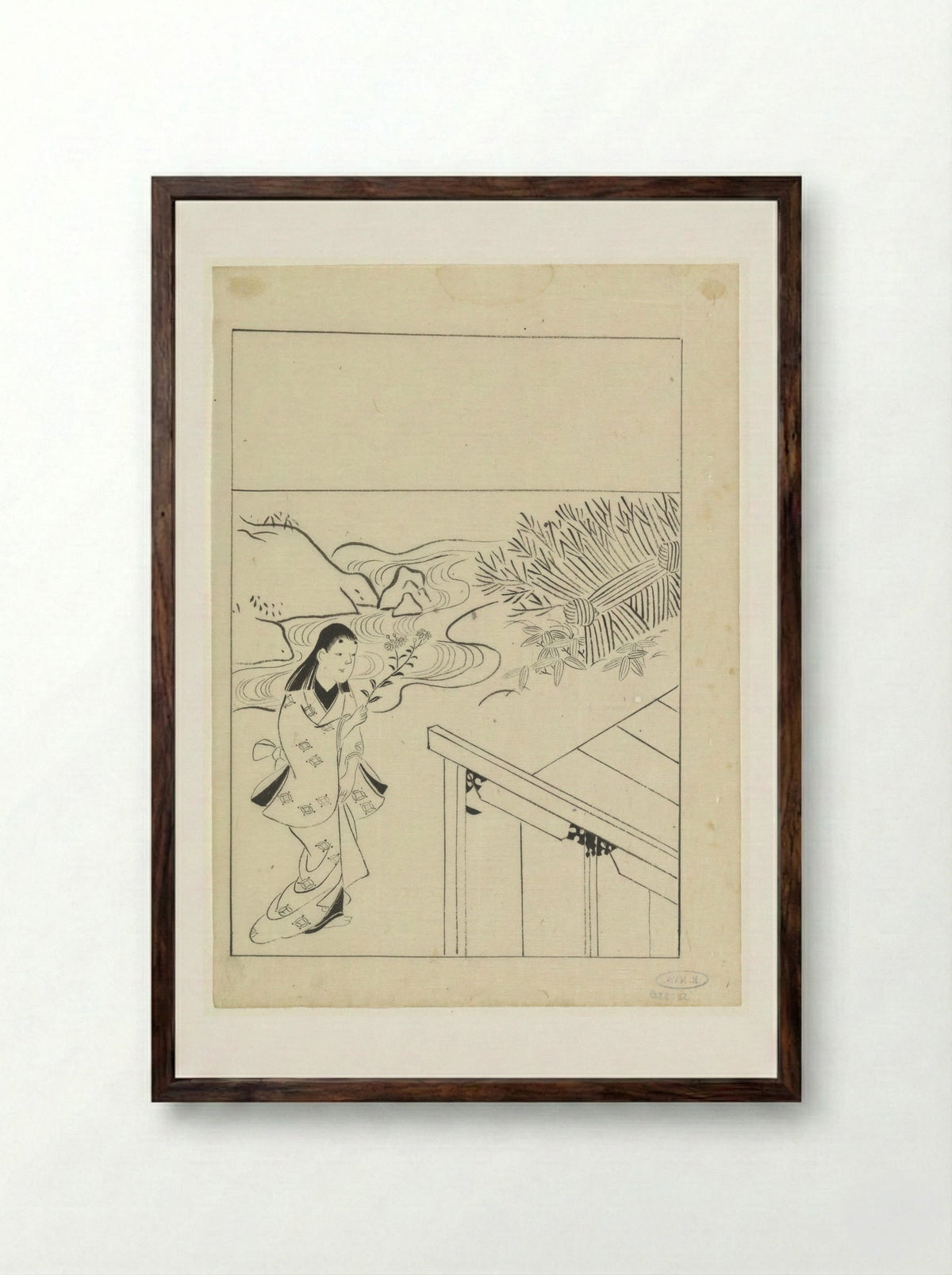 Woman with a Flowering Branch in a Garden - Hishikawa Moronobu - Framed Print Dark Wood