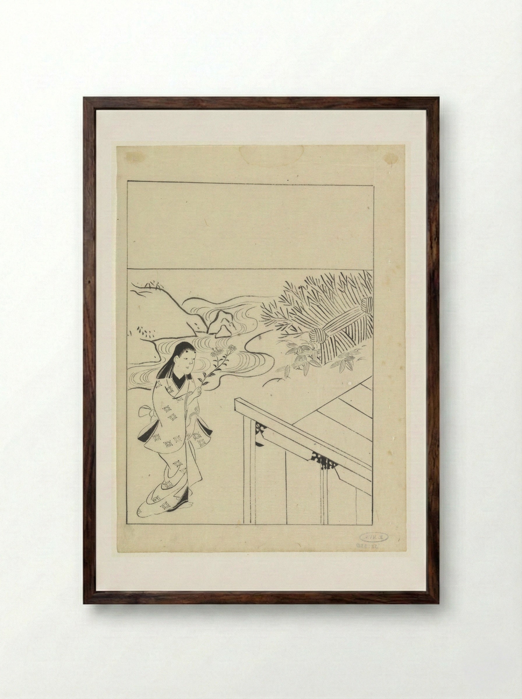 Woman with a Flowering Branch in a Garden - Hishikawa Moronobu - Framed Print Dark Wood