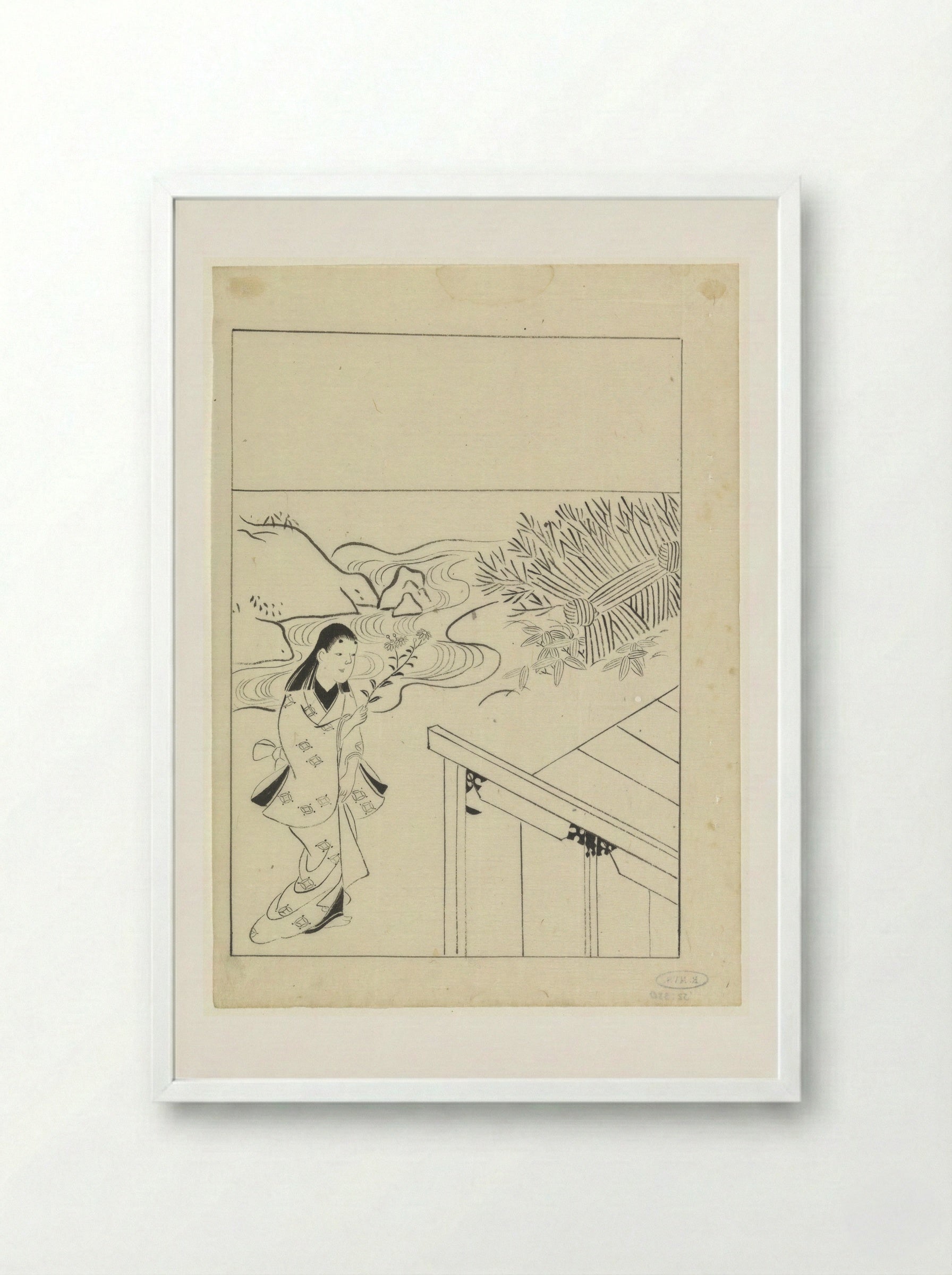 Woman with a Flowering Branch in a Garden - Hishikawa Moronobu - Framed Print White