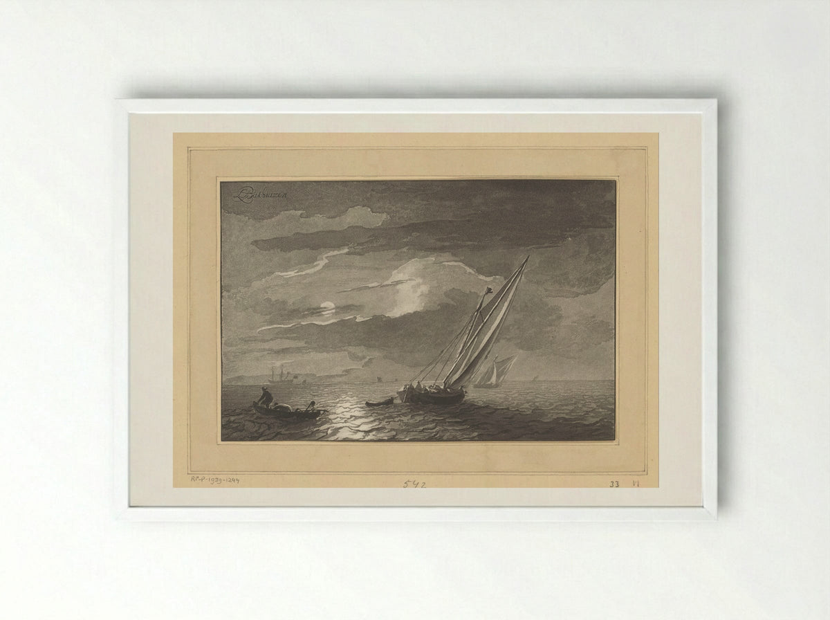 Zeegezicht met volle maan - Cornelis Brouwer - Framed Print White