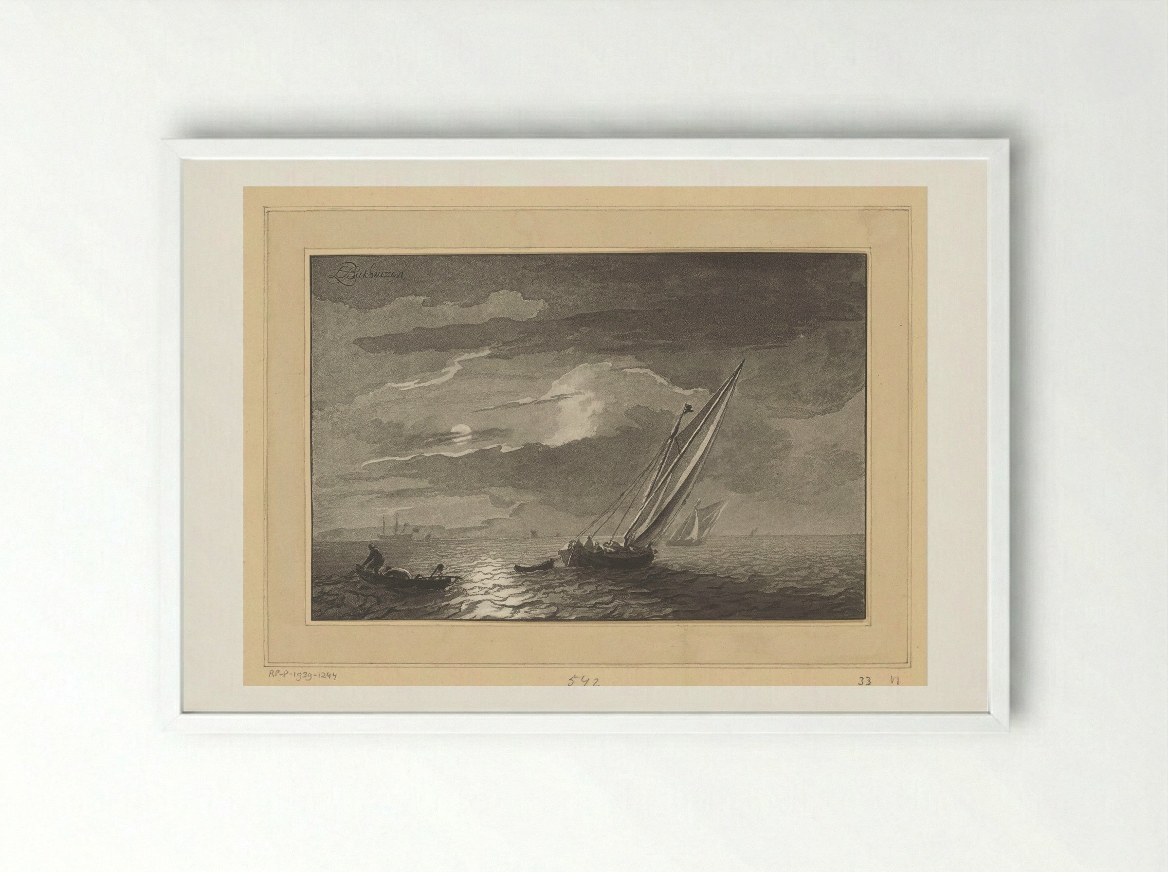 Zeegezicht met volle maan - Cornelis Brouwer - Framed Print White