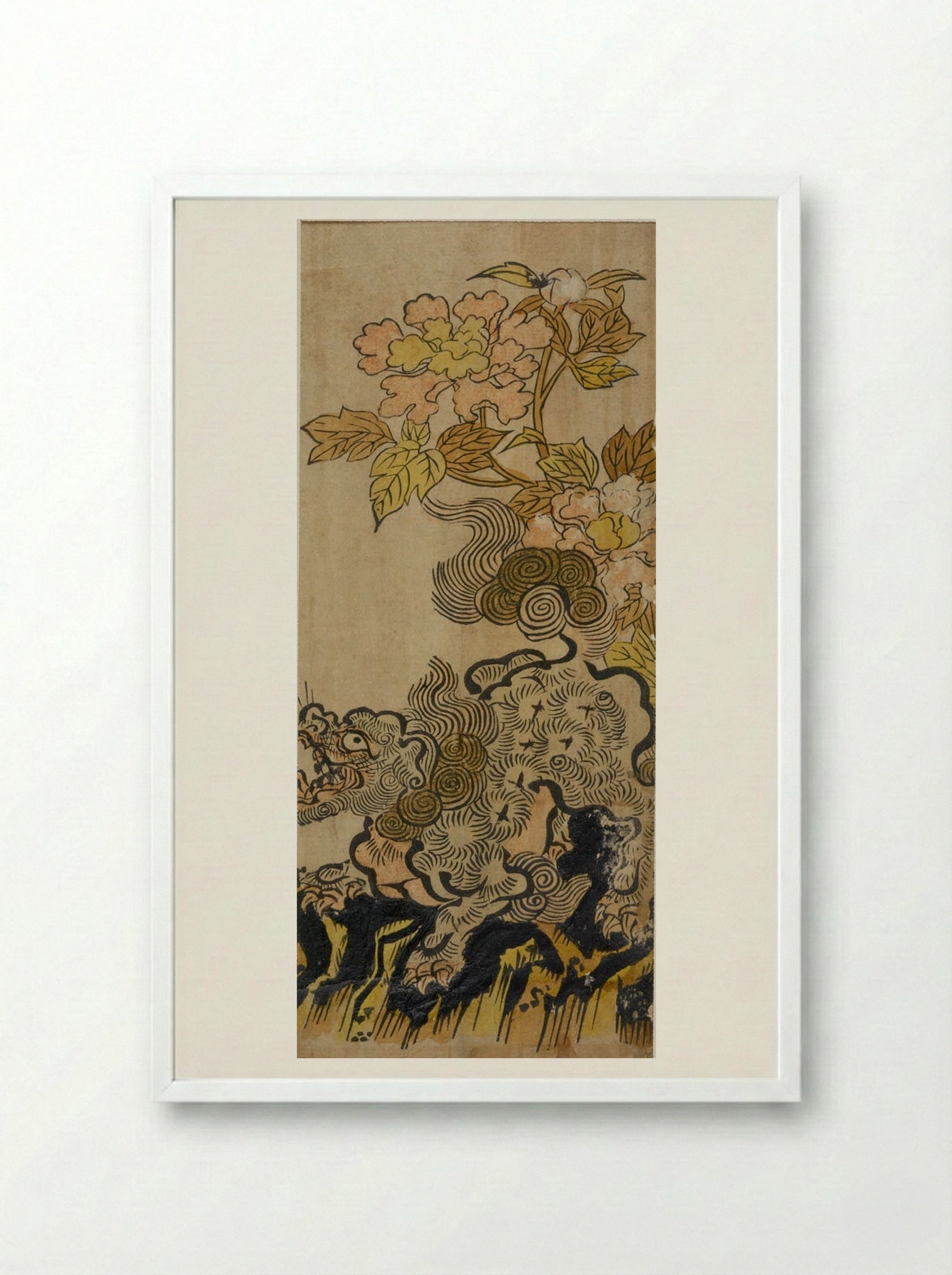 Lion and Peonies - Okumura Masanobu - Framed Print White