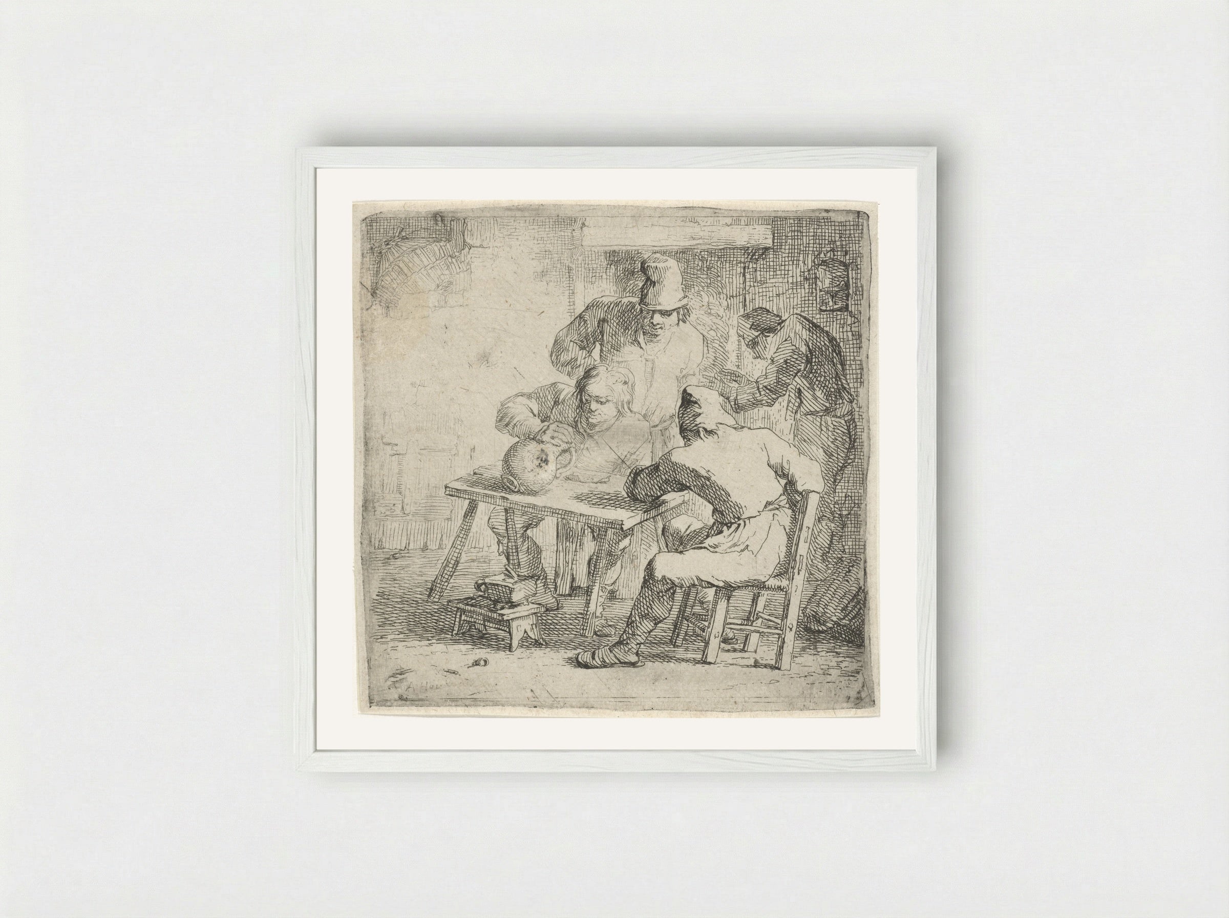 Vier boeren in een interieur - Arnold Houbraken - Framed Print White