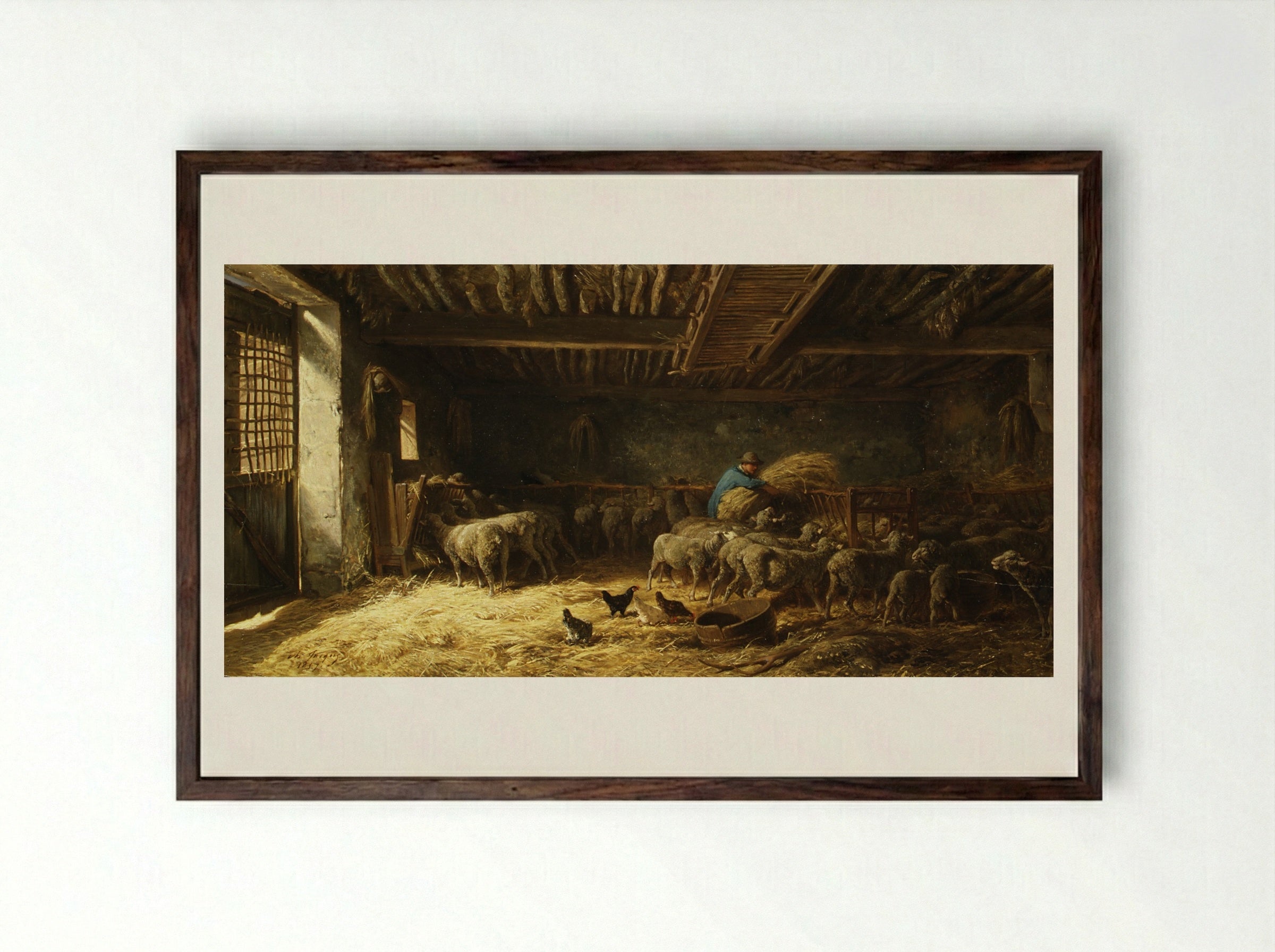 The Sheepfold - Charles Jacque - Framed Print Dark Wood