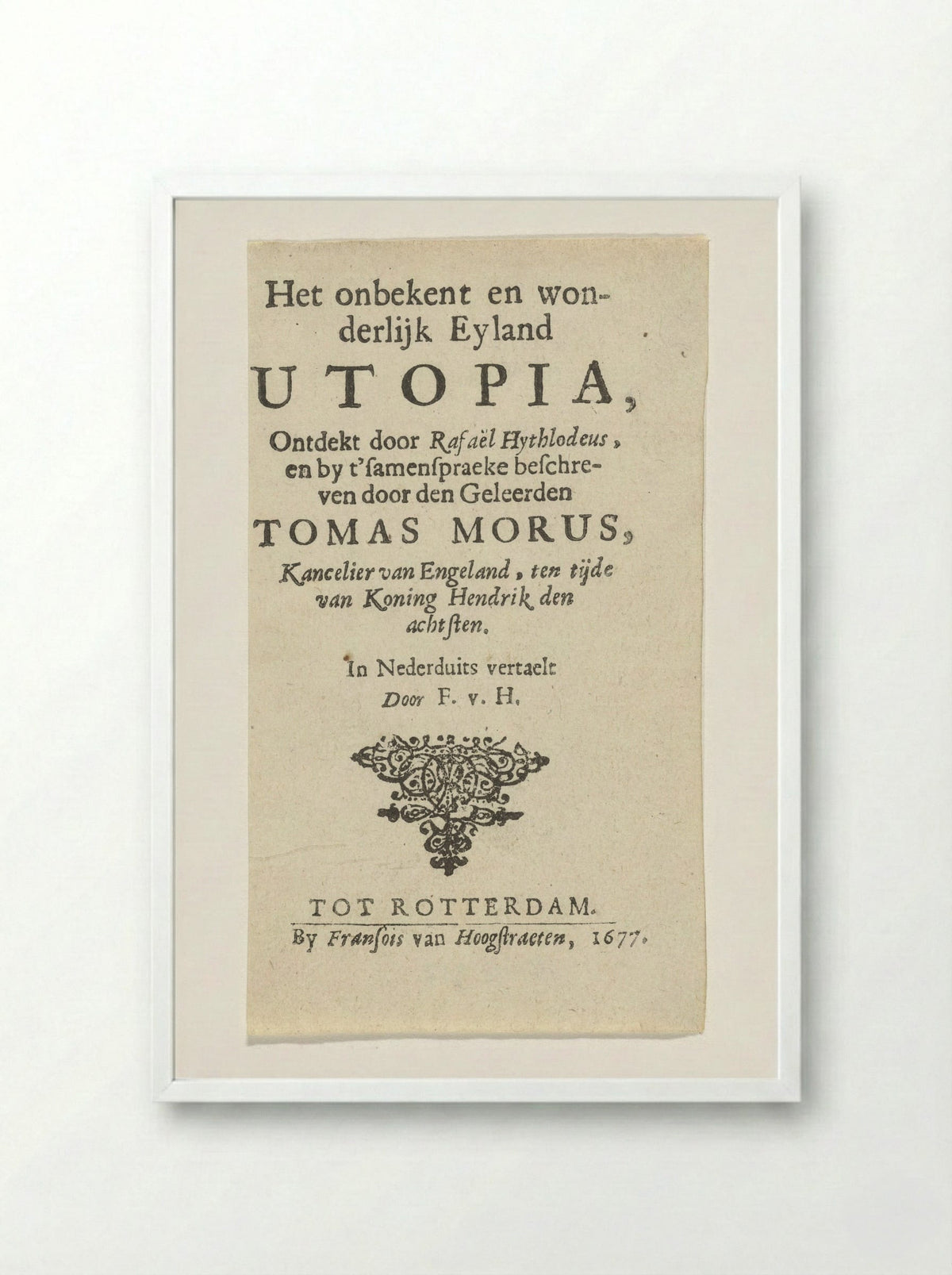 Title Page for Thomas More's Utopia - Arnold Houbraken - Framed Print White