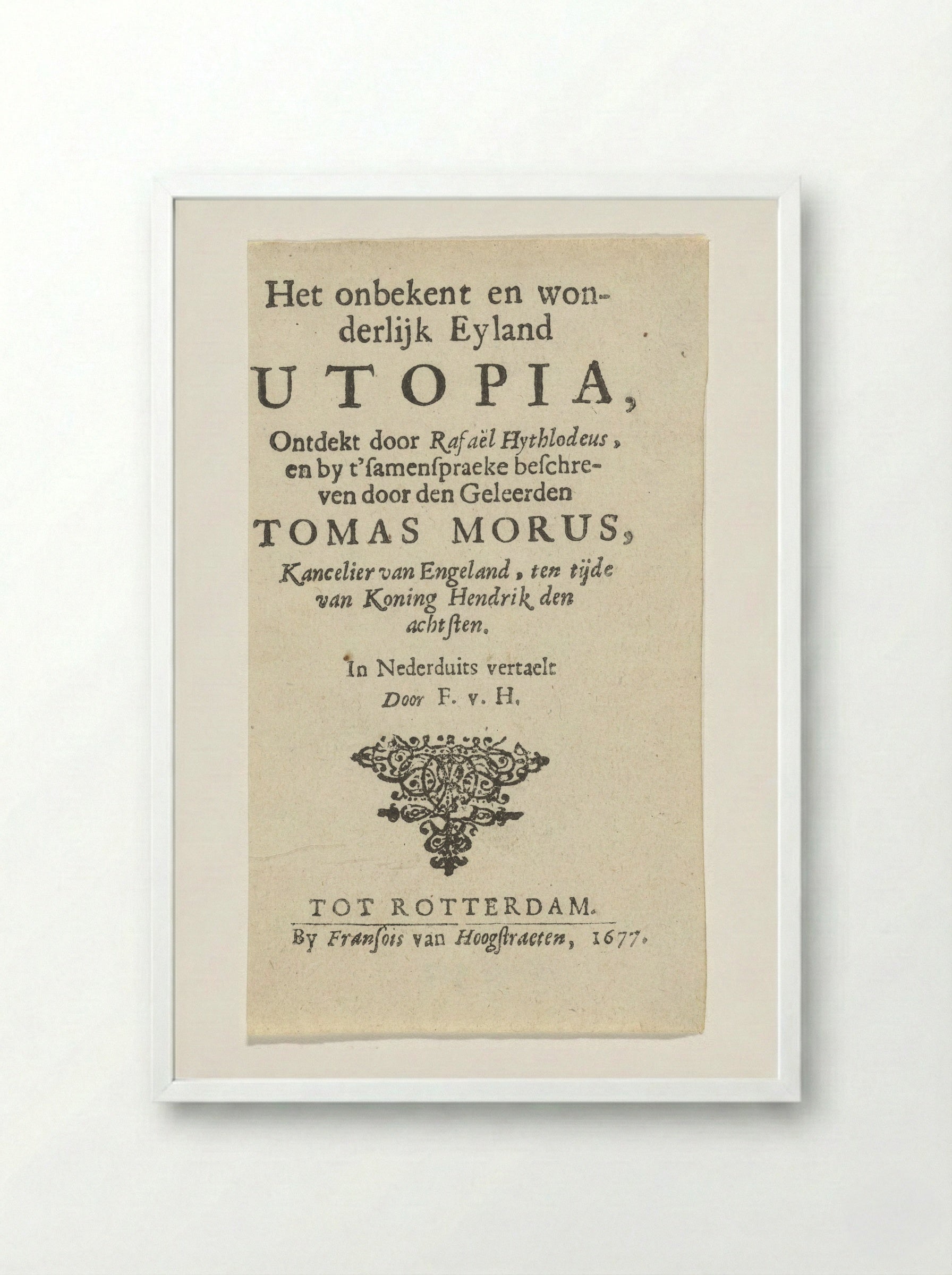Title Page for Thomas More's Utopia - Arnold Houbraken - Framed Print White