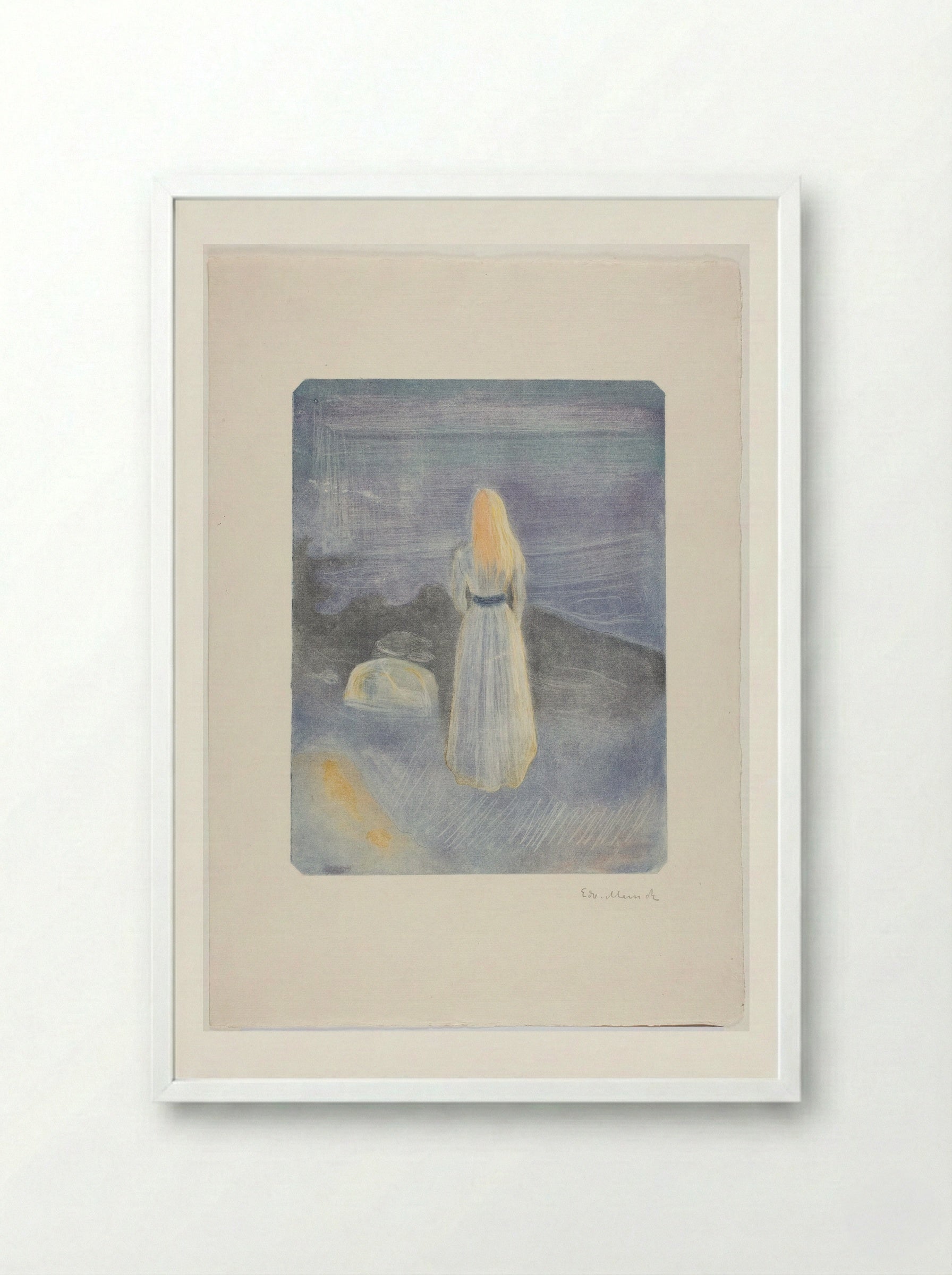 Young Woman on the Beach - Edvard Munch - Framed Print White