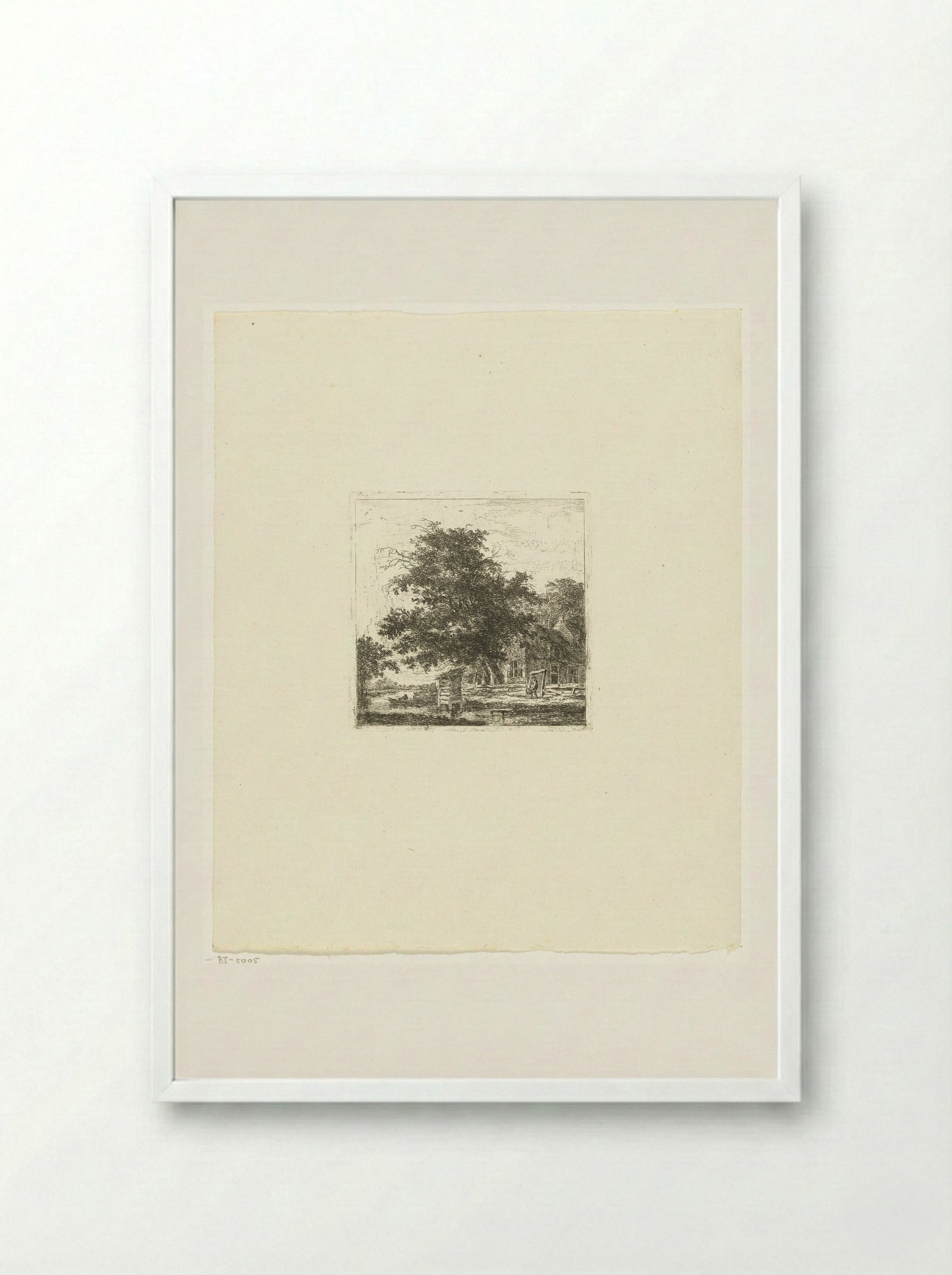 Landschap met huis en visser in een boot - Hermanus van Brussel - Framed Print White