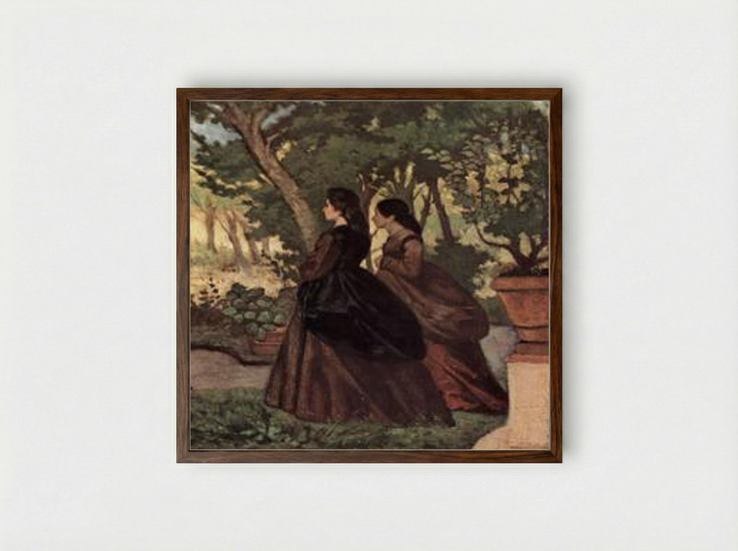 Zwei Damen im Garten von Castiglioncello - Giovanni Fattori - Framed Print Dark Wood