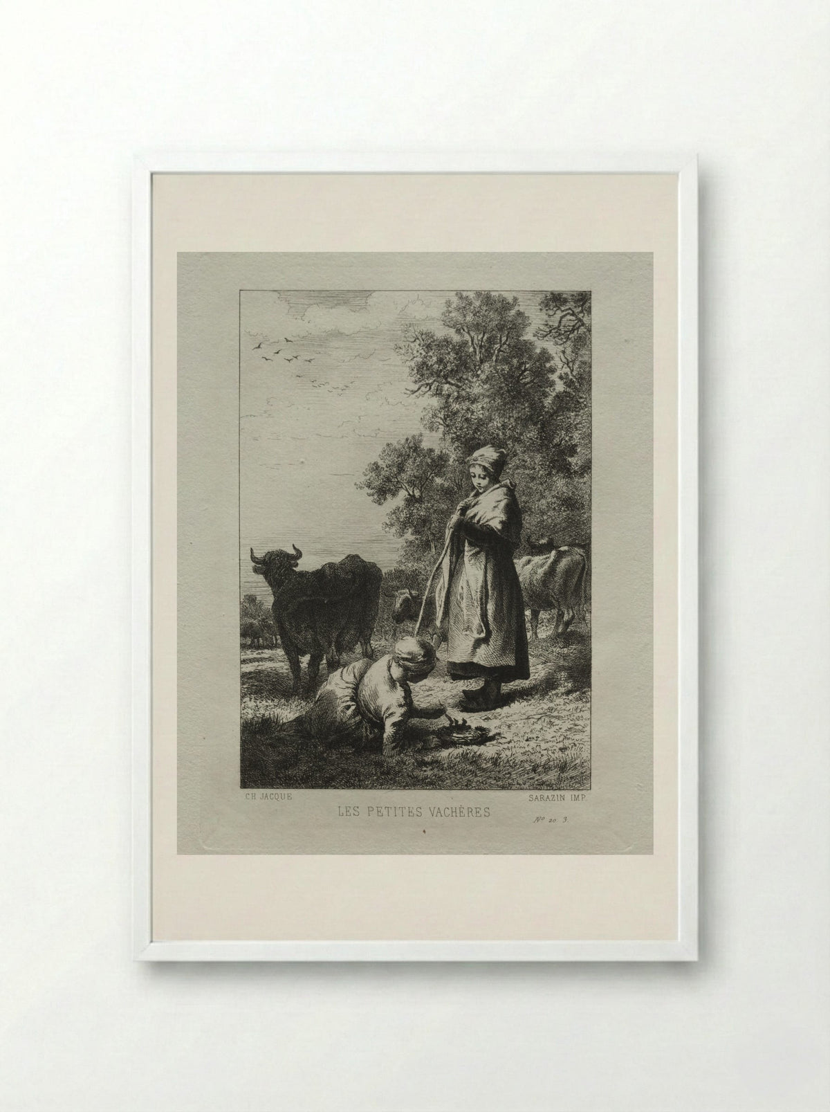 The Little Cowherds - Charles-Émile Jacque - Framed Print White
