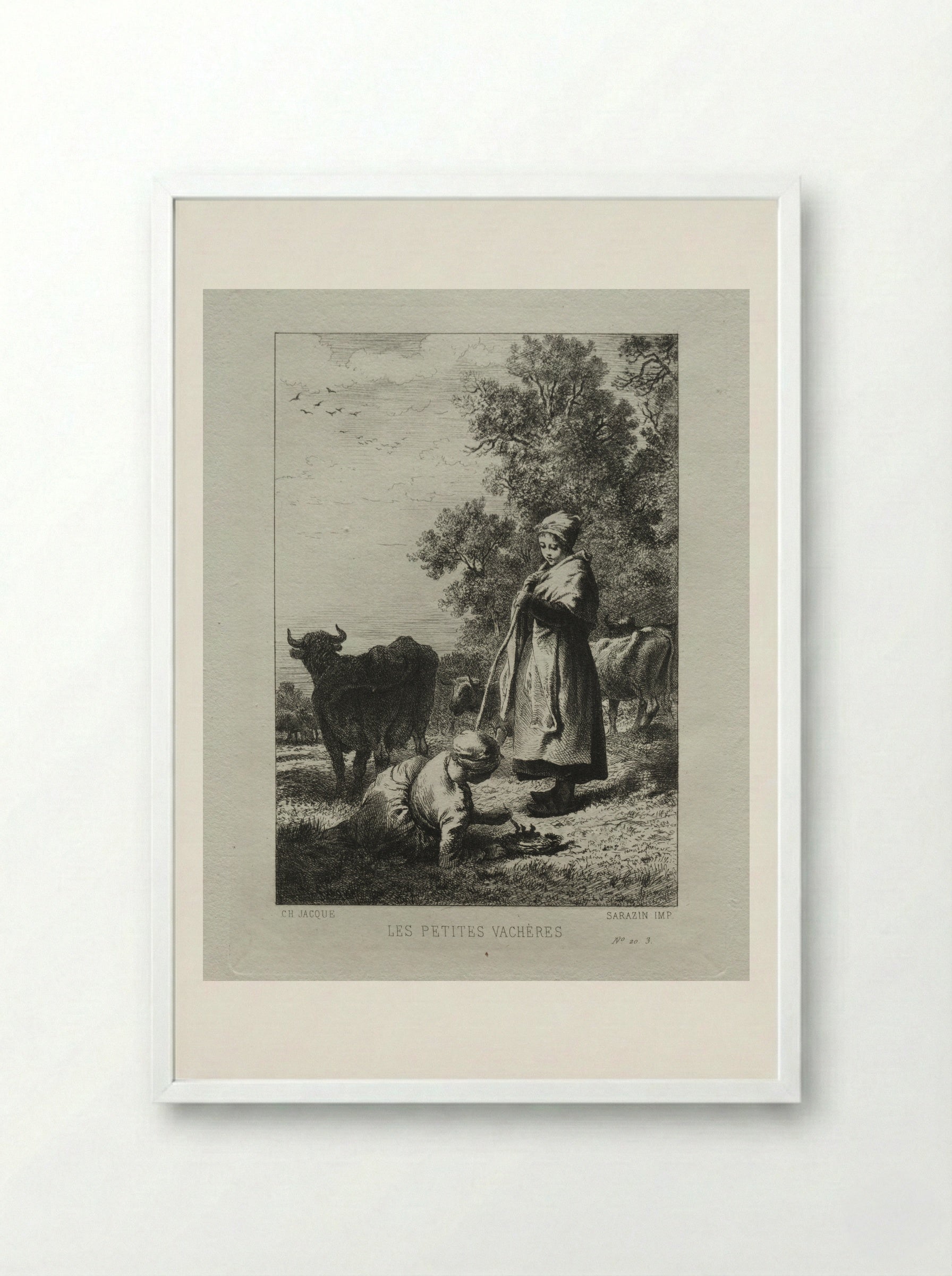 The Little Cowherds - Charles-Émile Jacque - Framed Print White