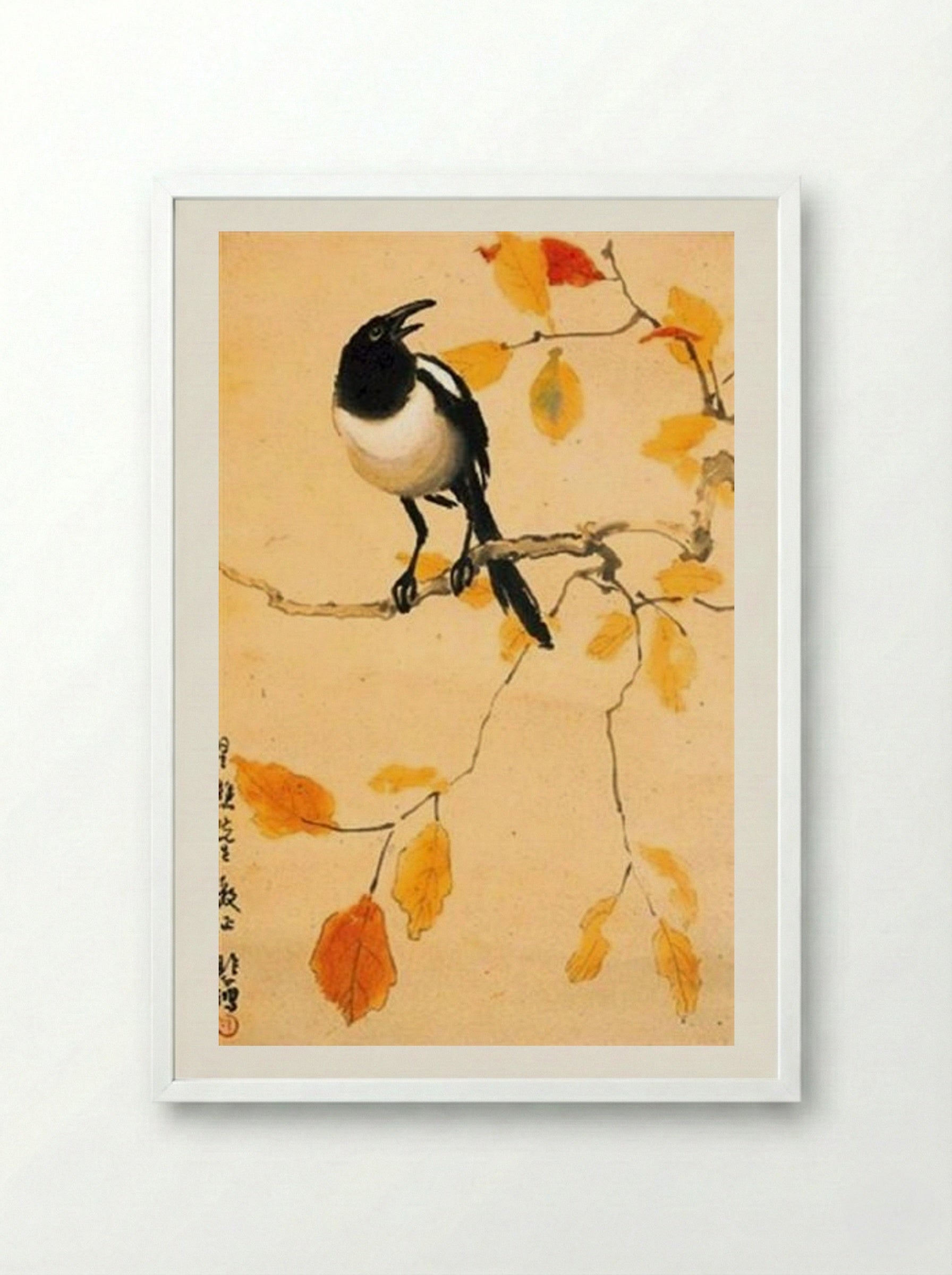 A Magpie on a Maple Branch - Xu Beihong - Framed Print White