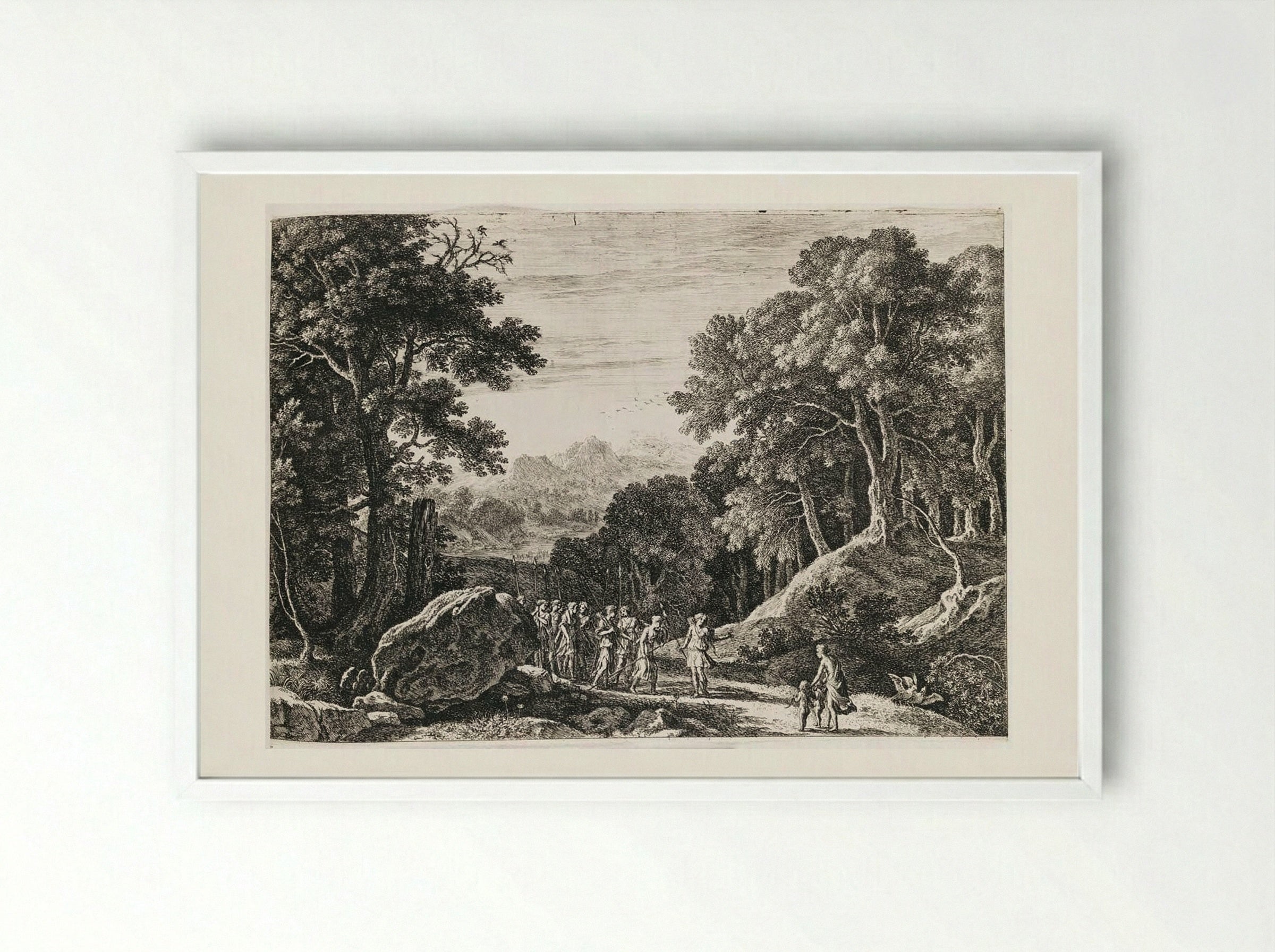 Venus Offering Diana a Choice Between Cupid and Adonis - Herman van Swanevelt - Framed Print White