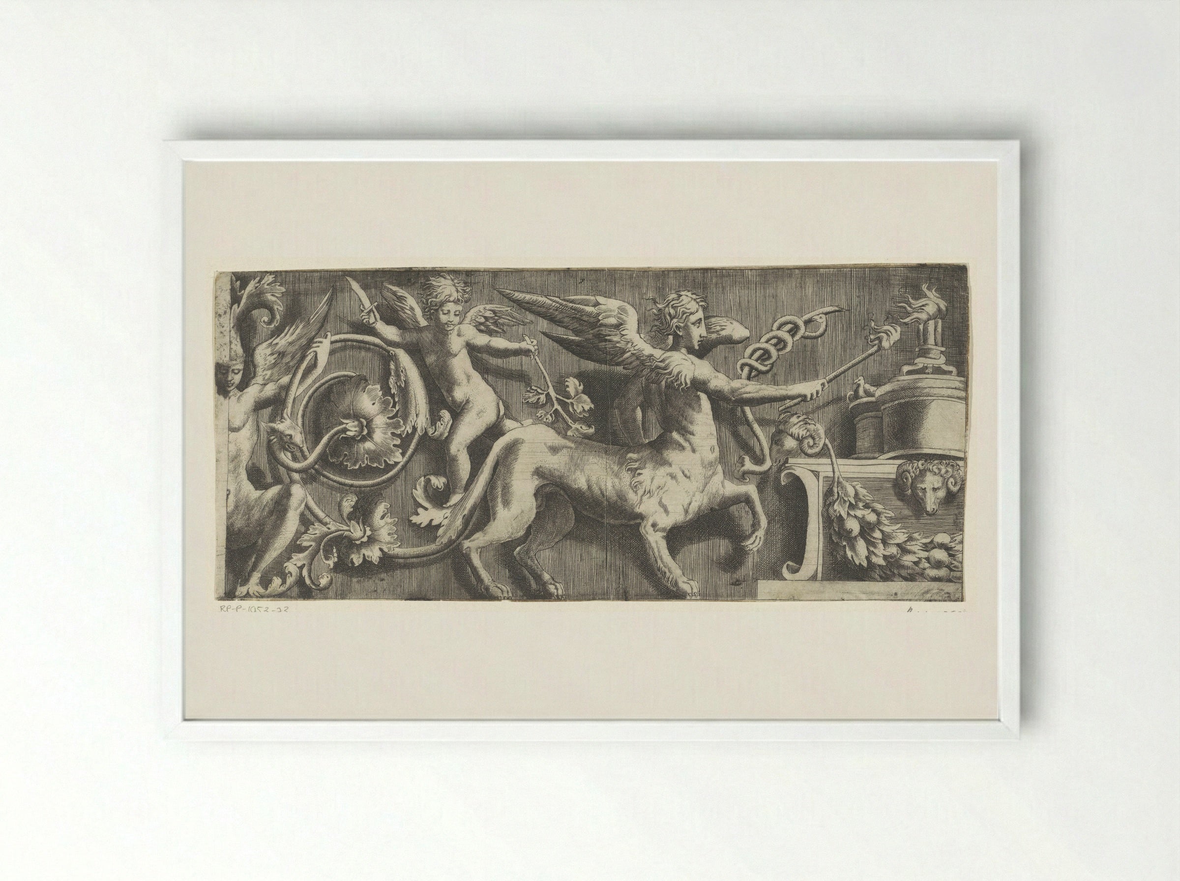 Frieze with Sphinx and Putto at an Altar - Giulio Bonasone - Framed Print White