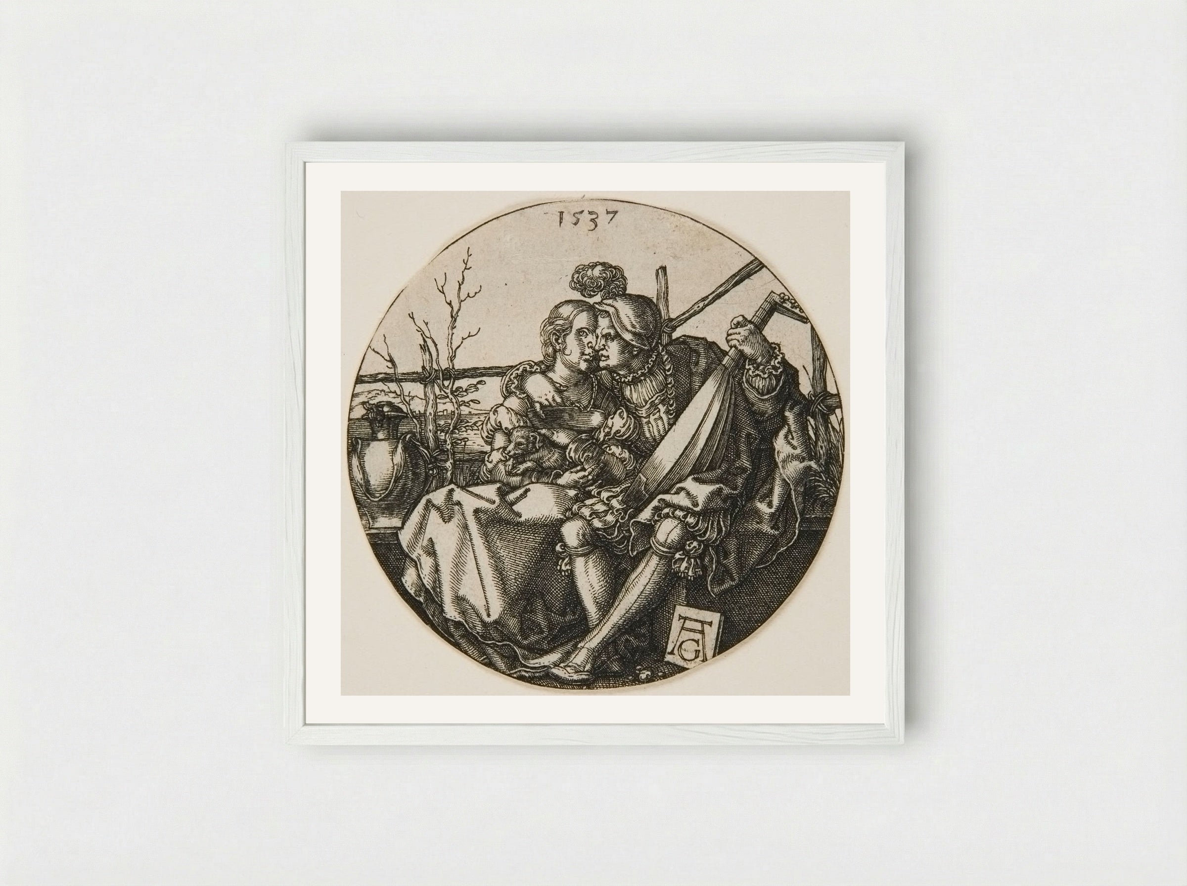 A Lute-Player and His Mistress - Heinrich Aldegrever - Framed Print White