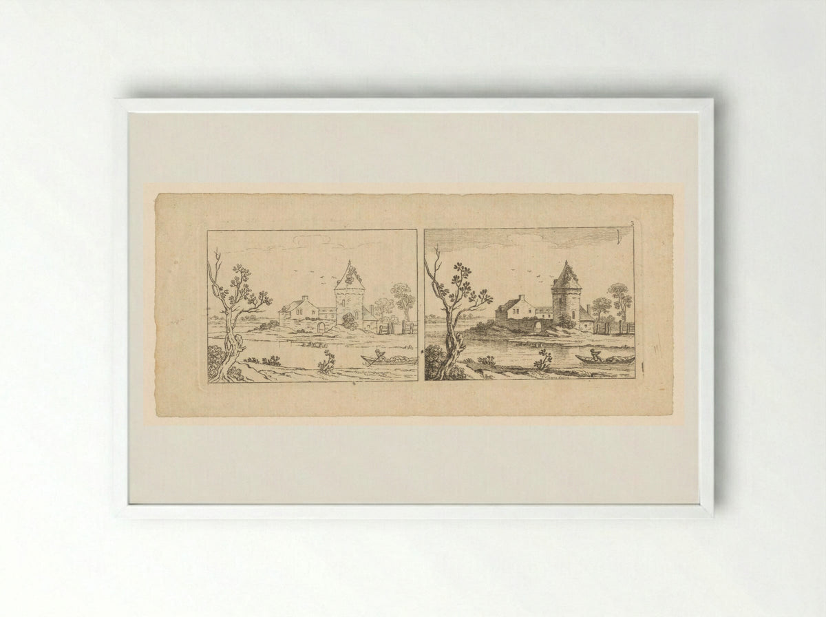 Two Views of a River Scene with a Tower - François Vivares - Framed Print White