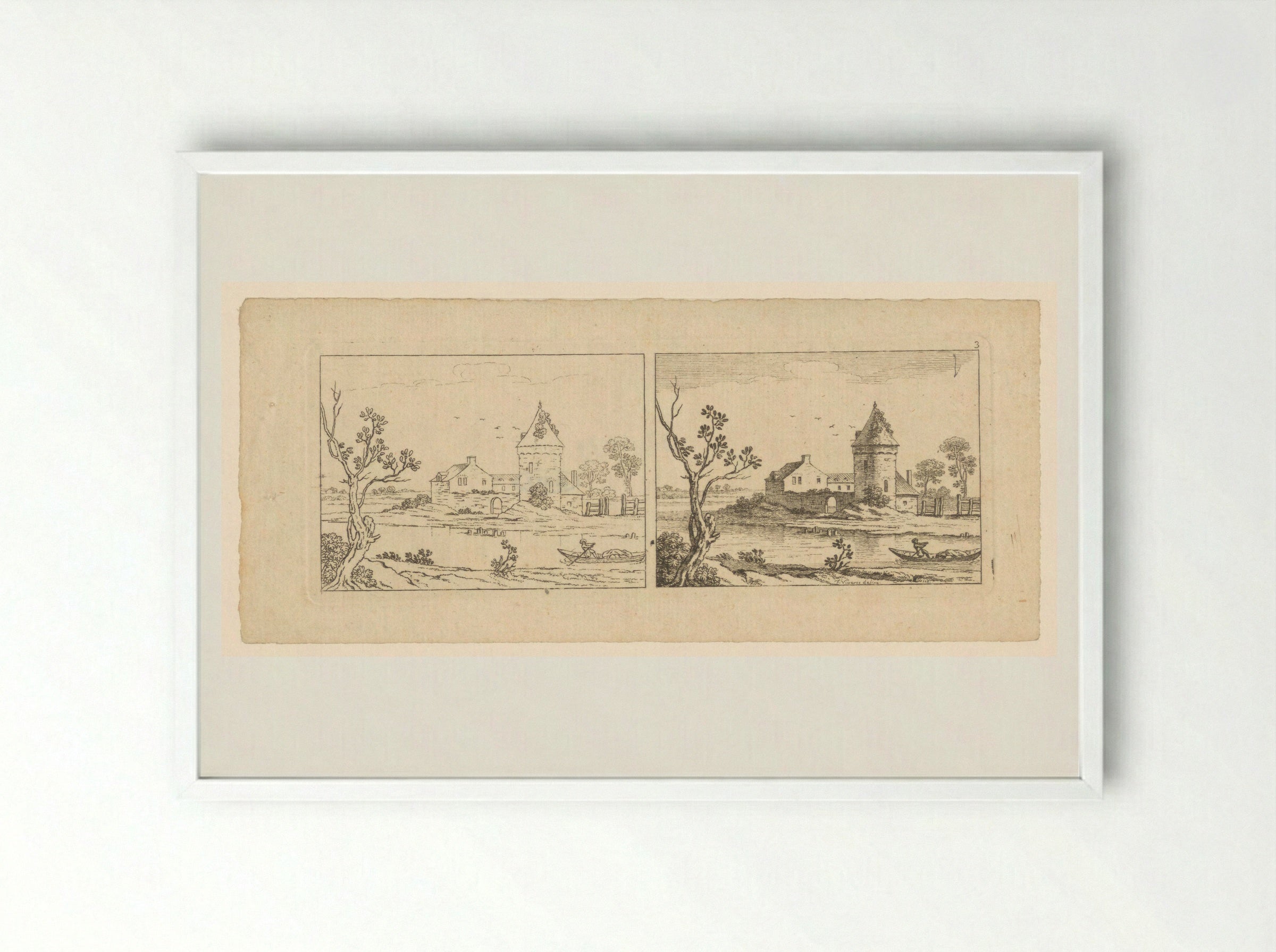 Two Views of a River Scene with a Tower - François Vivares - Framed Print White