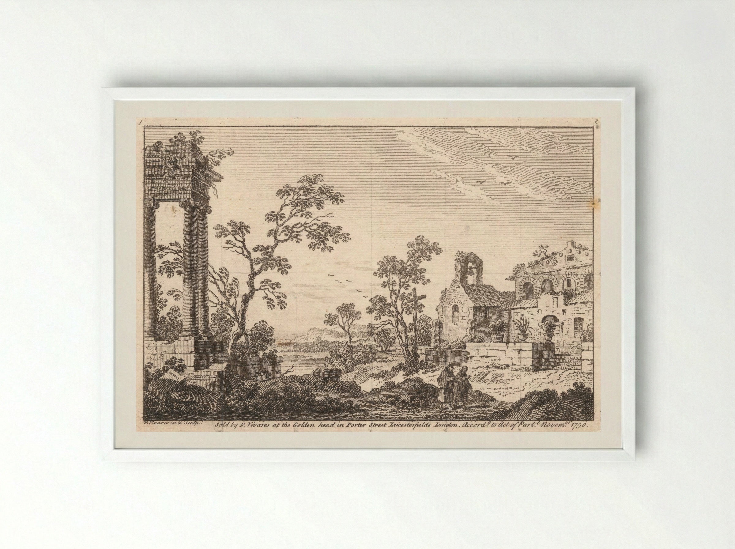 Untitled (Classical Ruins and Figures) - François Vivares - Framed Print White