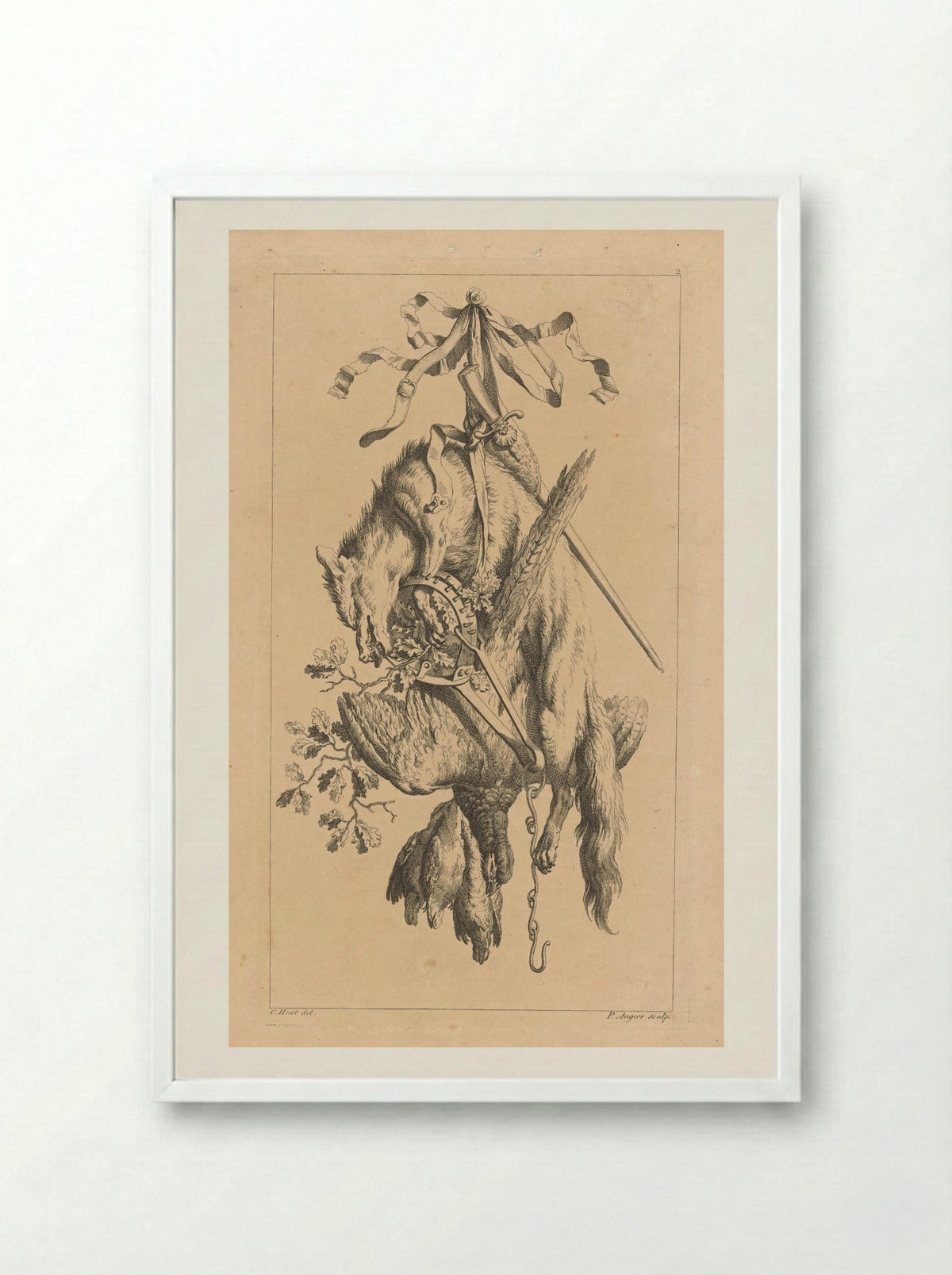 Trofee met vos en vogels - François Vivares - Framed Print White
