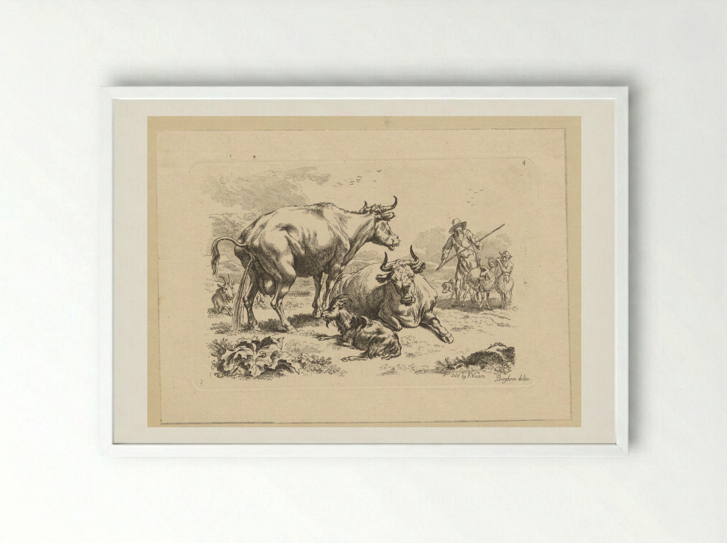 Plassende koe, een liggende koe, geiten en herders met schapen - François Vivares - Framed Print White