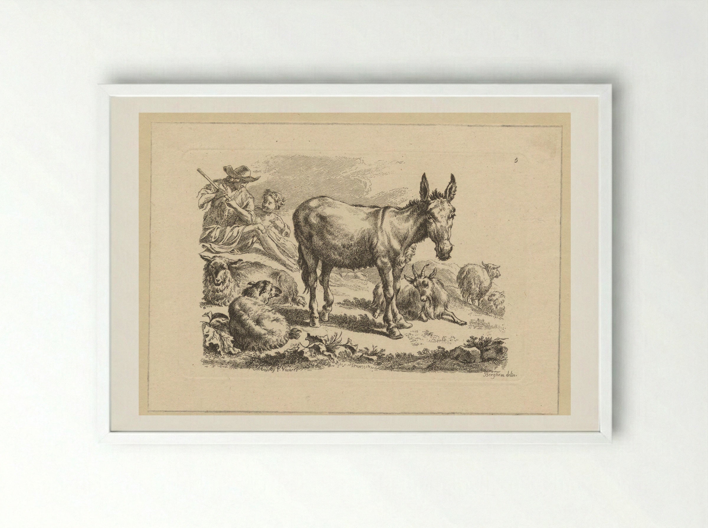 Rustende herders met ezel - François Vivares - Framed Print White