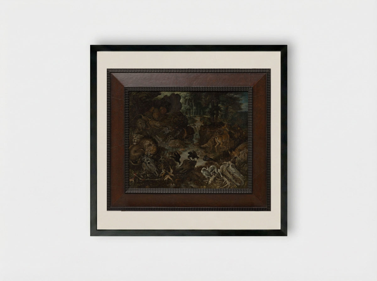 Lions and Fox in a Rugged Landscape - Roelant Savery - Framed Print Black