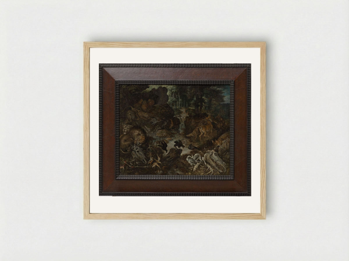 Lions and Fox in a Rugged Landscape - Roelant Savery - Framed Print Wood