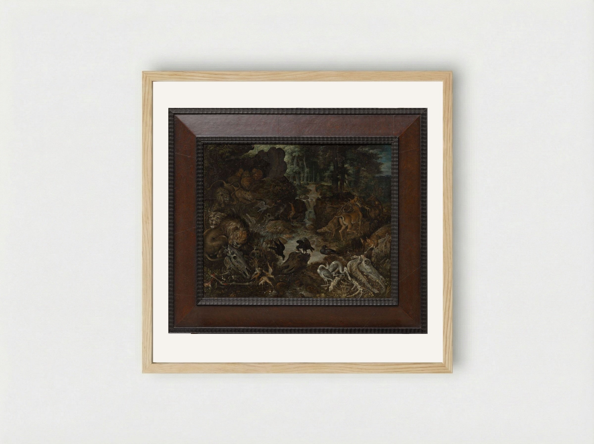 Lions and Fox in a Rugged Landscape - Roelant Savery - Framed Print Wood