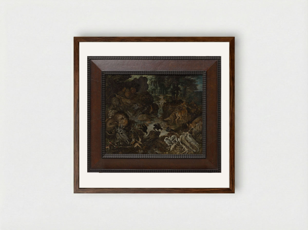 Lions and Fox in a Rugged Landscape - Roelant Savery - Framed Print Dark Wood