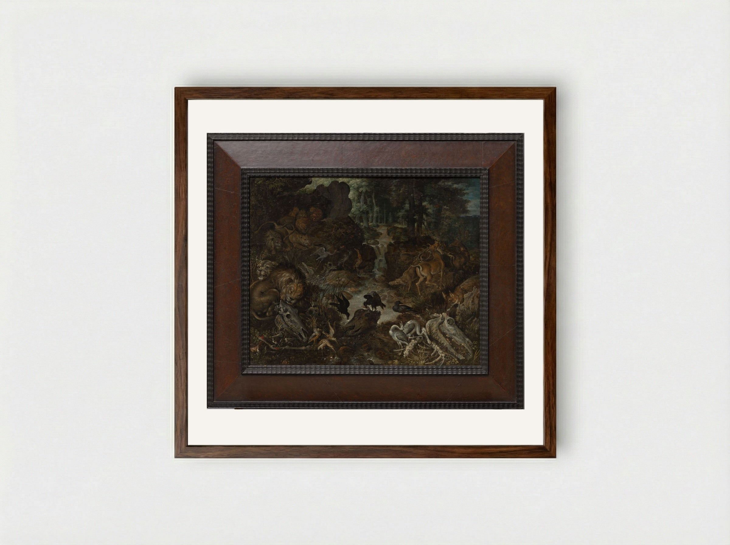 Lions and Fox in a Rugged Landscape - Roelant Savery - Framed Print Dark Wood
