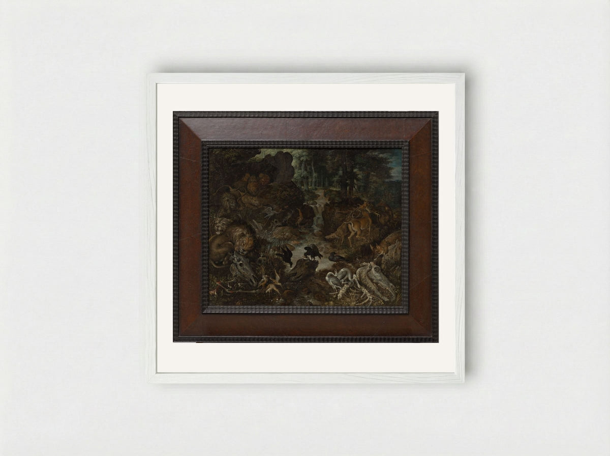 Lions and Fox in a Rugged Landscape - Roelant Savery - Framed Print White