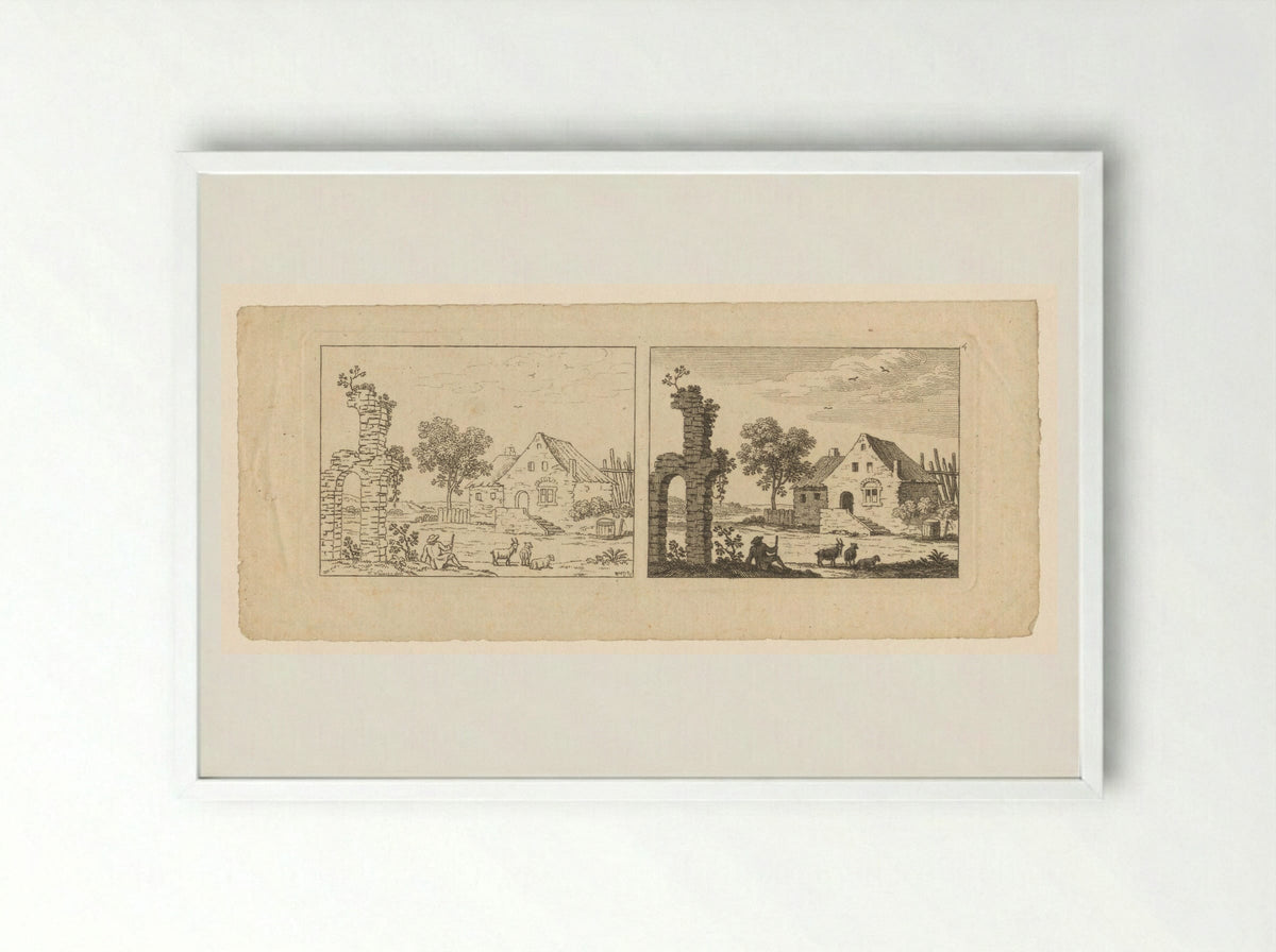 Two Views of a Farmstead and Ruin - François Vivares - Framed Print White