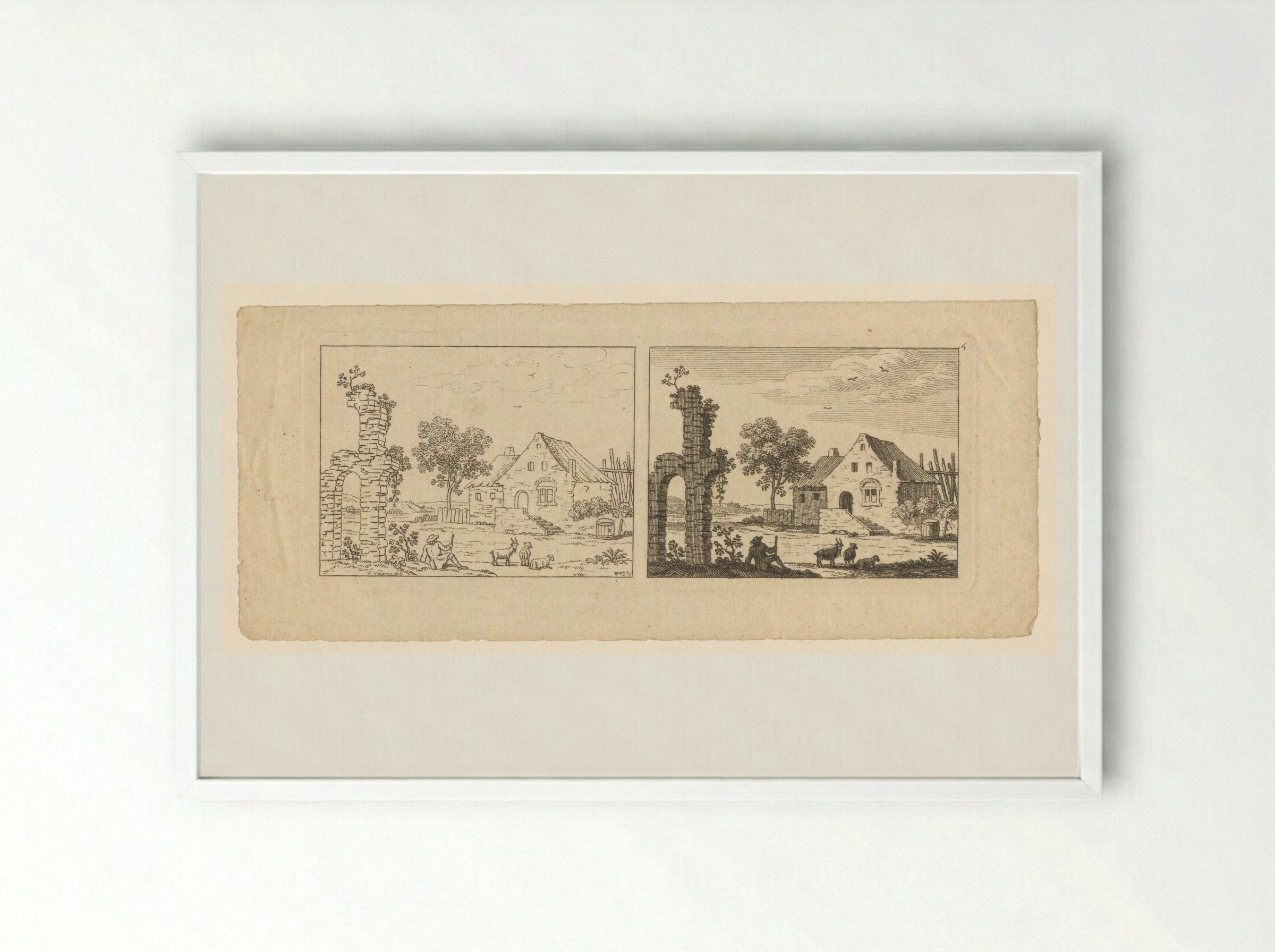 Two Views of a Farmstead and Ruin - François Vivares - Framed Print White