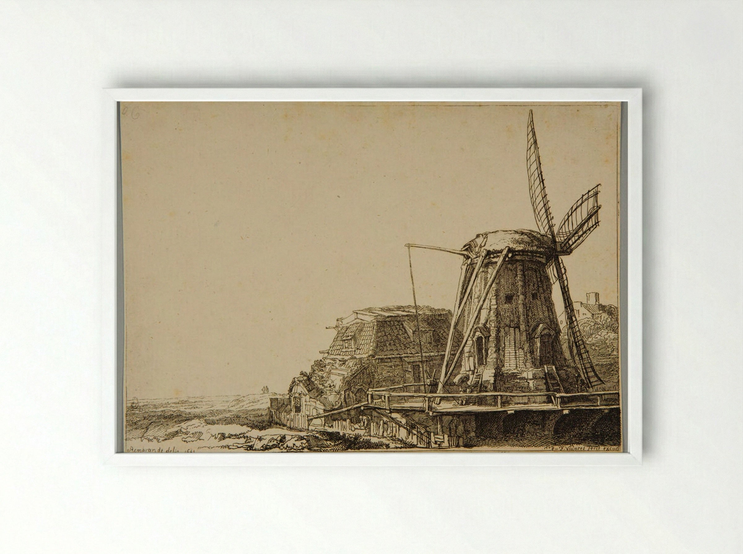 The Windmill (After Rembrandt) - François Vivares - Framed Print White