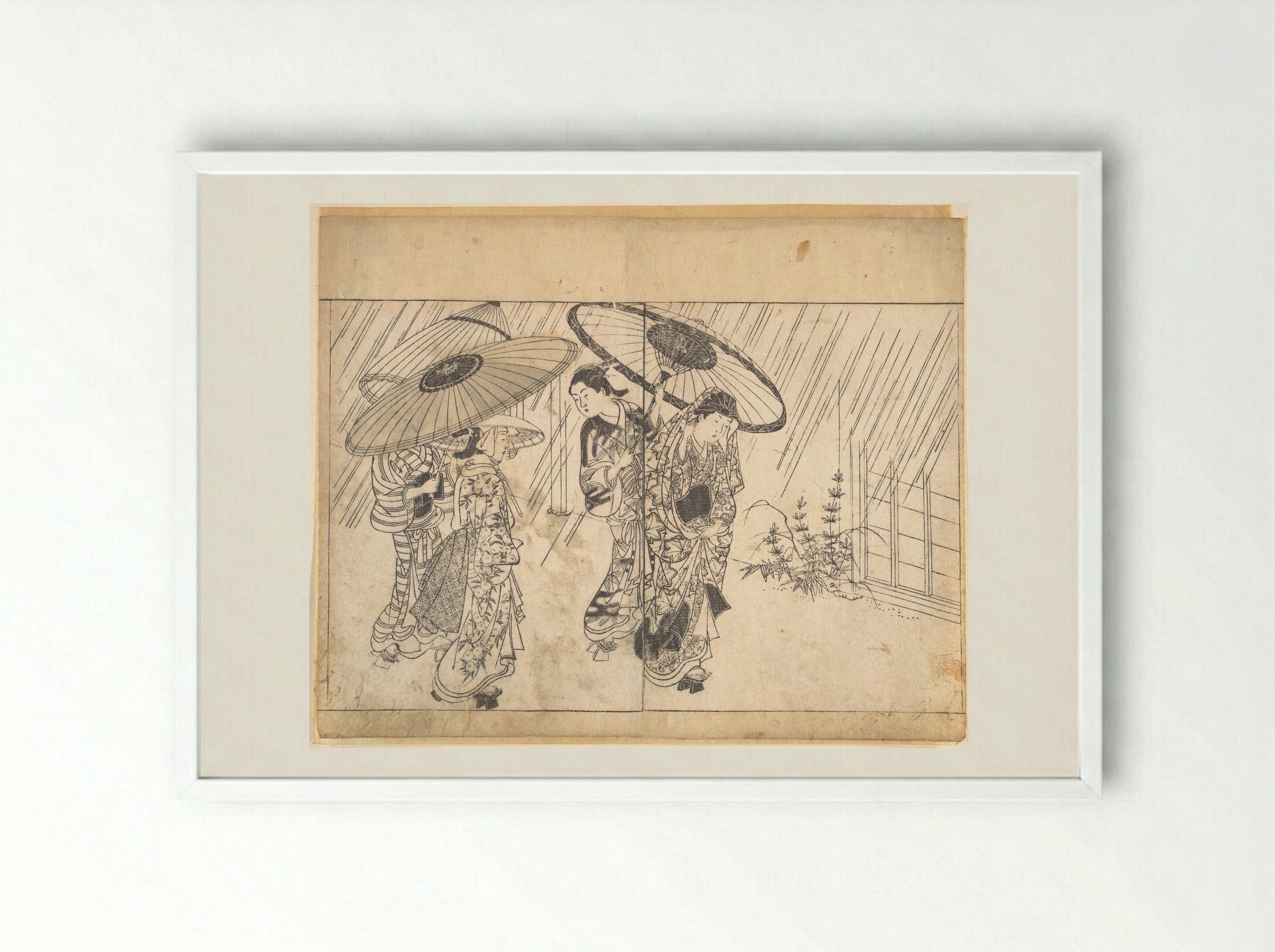 A Lady with Three Attendants in the Rain - Nishikawa Sukenobu - Framed Print White