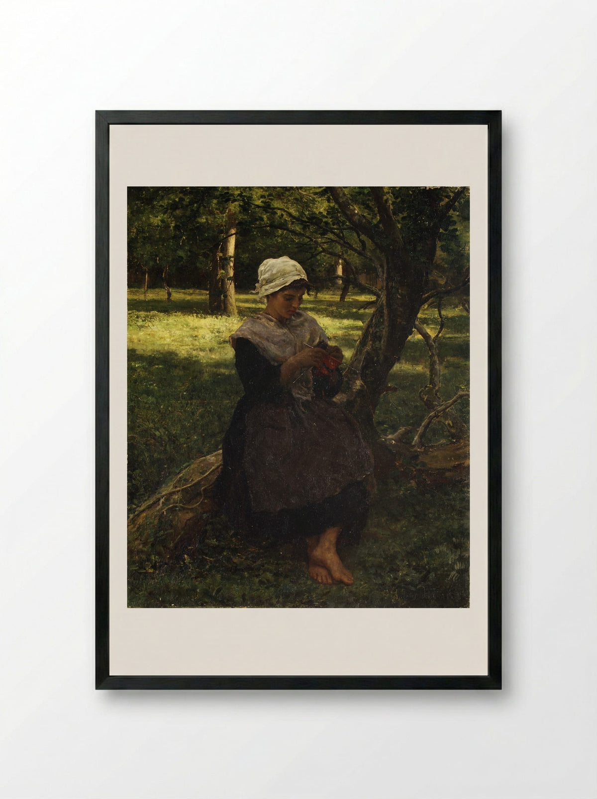 A Peasant Girl Knitting - Jules Breton - Framed Print Black
