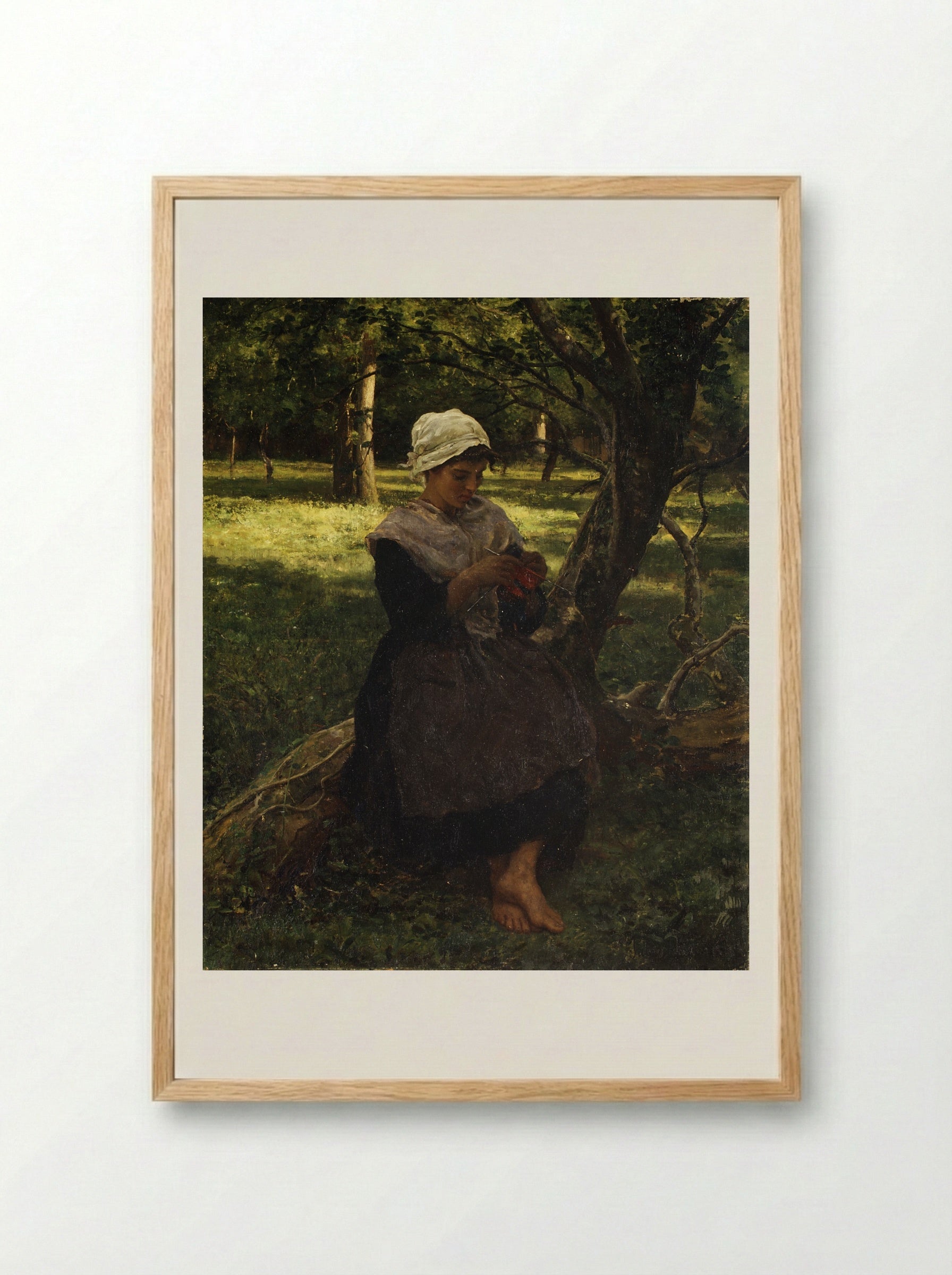 A Peasant Girl Knitting - Jules Breton - Framed Print Wood