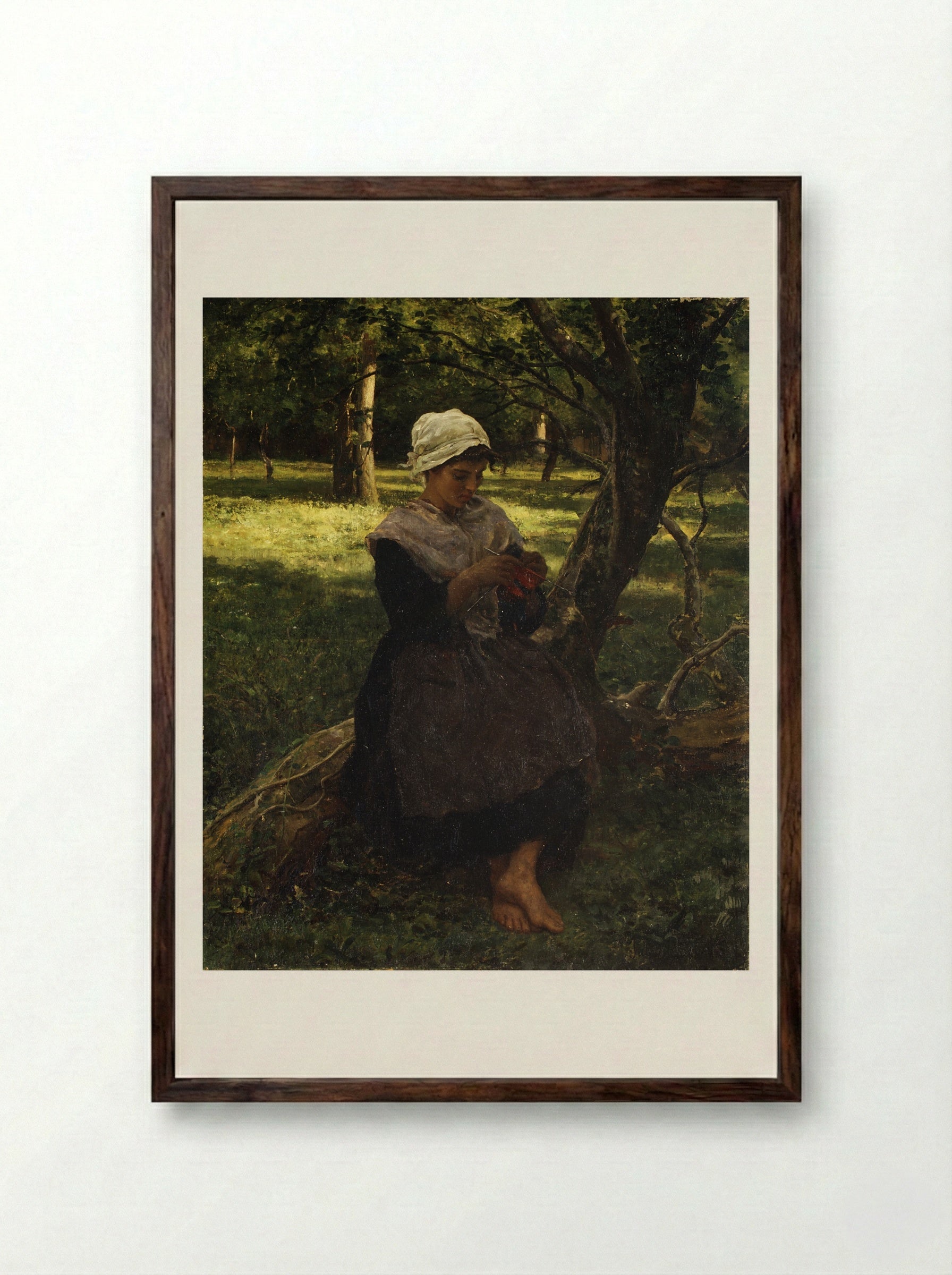 A Peasant Girl Knitting - Jules Breton - Framed Print Dark Wood
