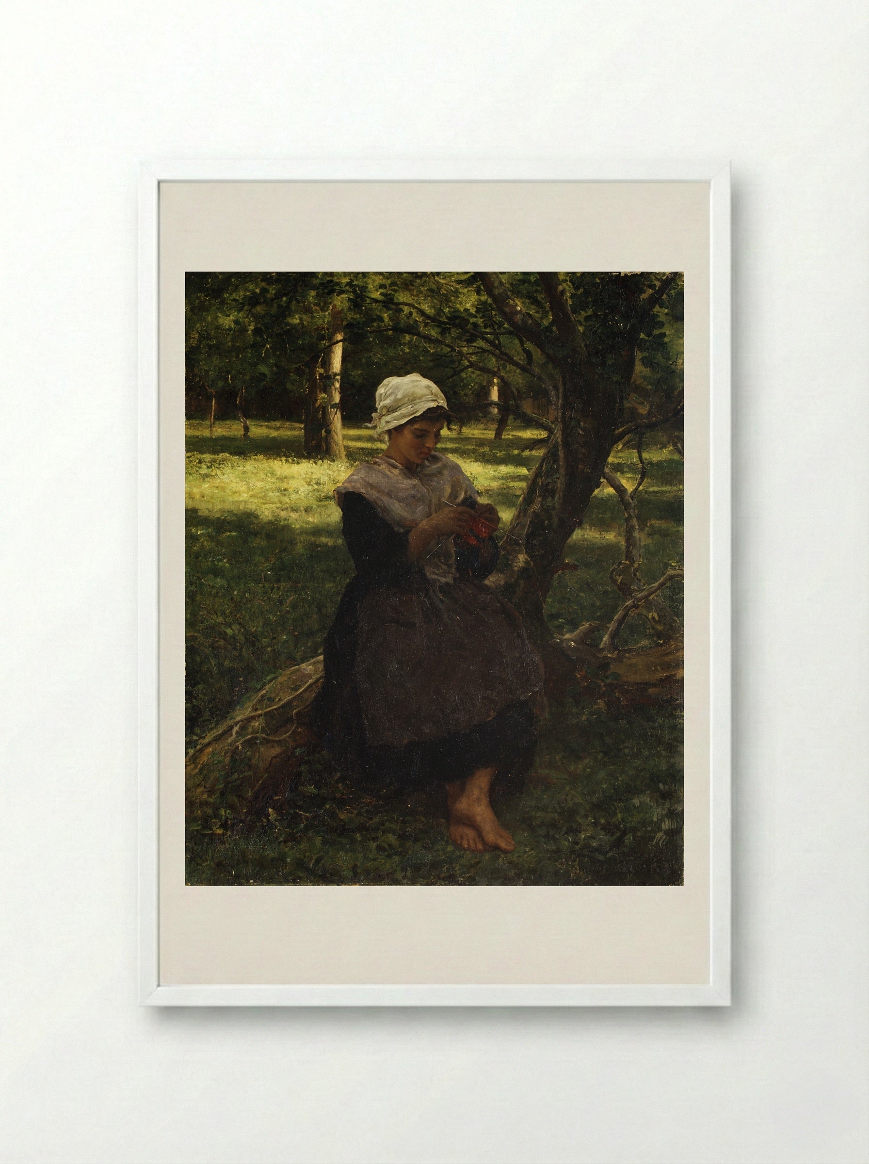 A Peasant Girl Knitting - Jules Breton - Framed Print White