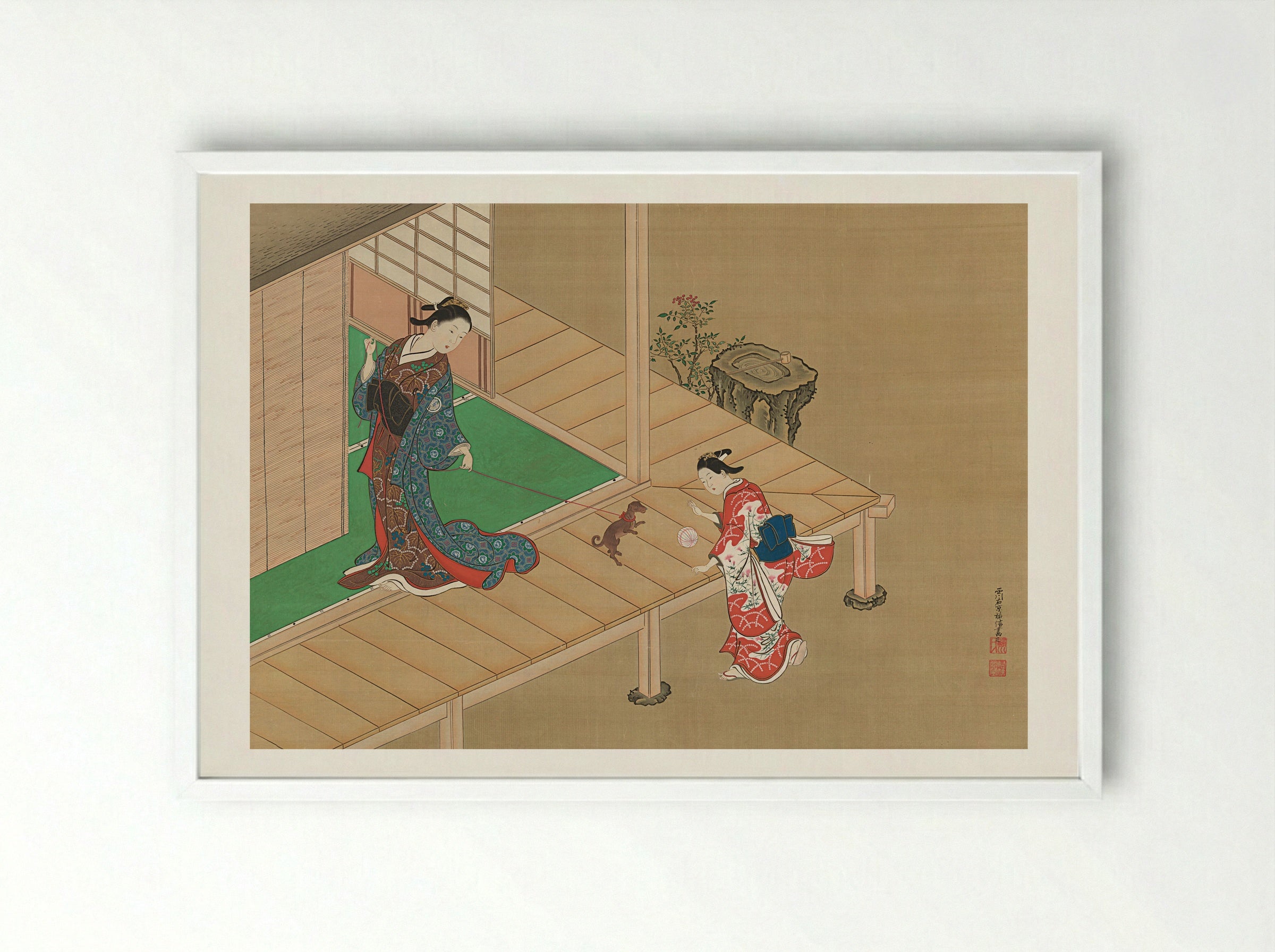 Lady Playing with a Dog on a Veranda - Nishikawa Sukenobu - Framed Print White