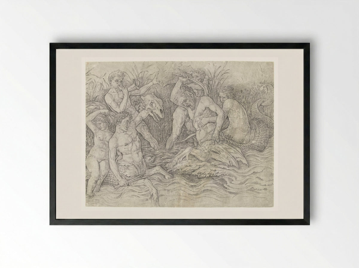 Gevecht tussen tritons met nereïden op hun rug - Andrea Mantegna - Framed Print Black