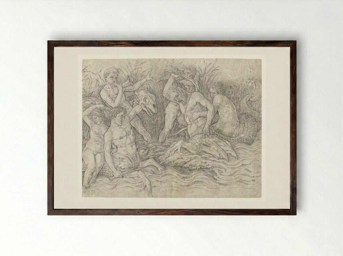 Gevecht tussen tritons met nereïden op hun rug - Andrea Mantegna - Framed Print Dark Wood