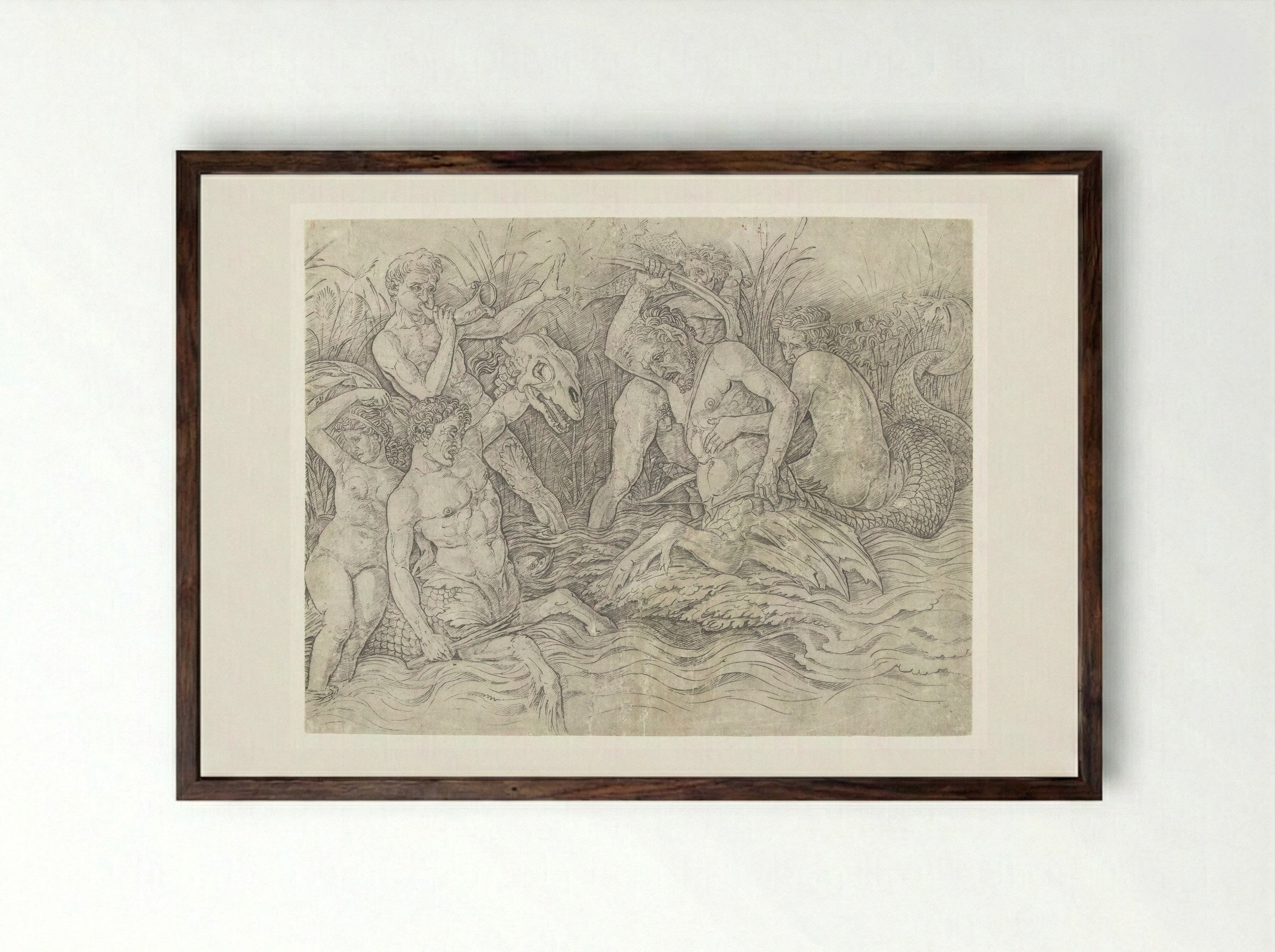 Gevecht tussen tritons met nereïden op hun rug - Andrea Mantegna - Framed Print Dark Wood