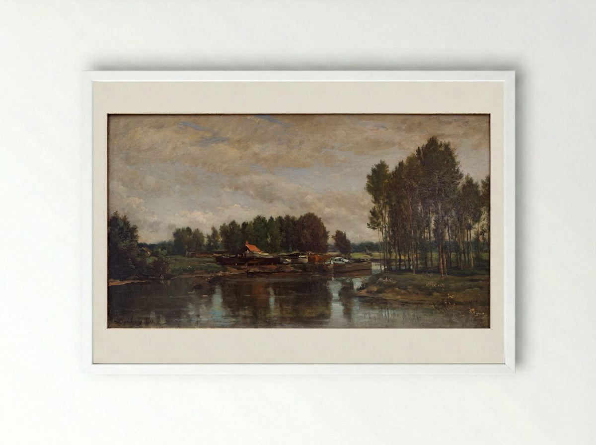 Boats on the Oise - Charles-Francois Daubigny - Framed Print White