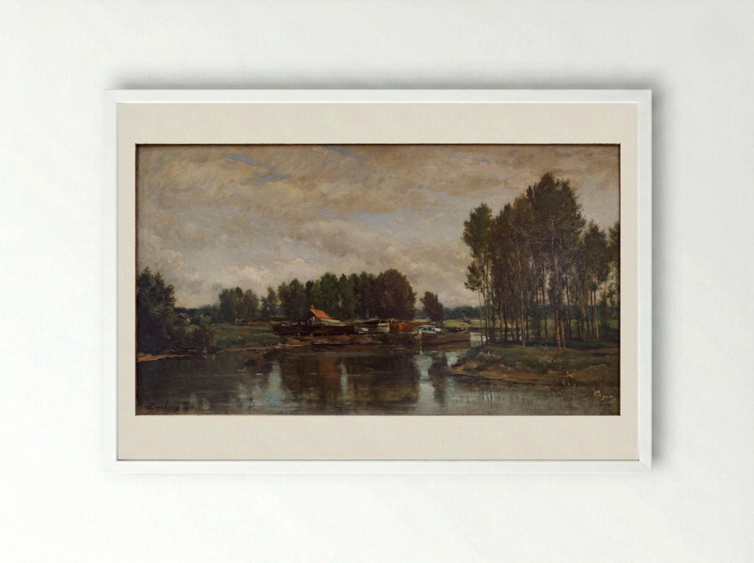 Boats on the Oise - Charles-Francois Daubigny - Framed Print White