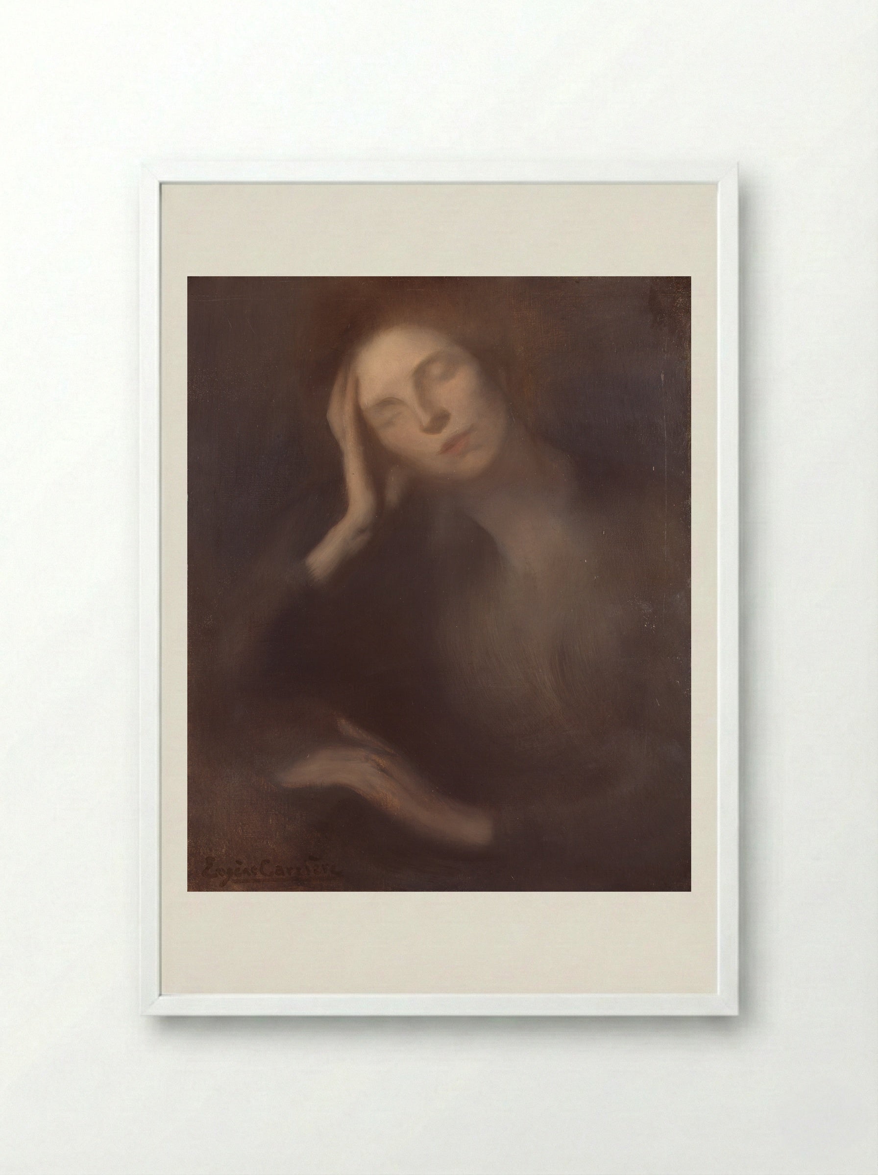 Woman Leaning on a Table - Eugène Carrière - Framed Print White