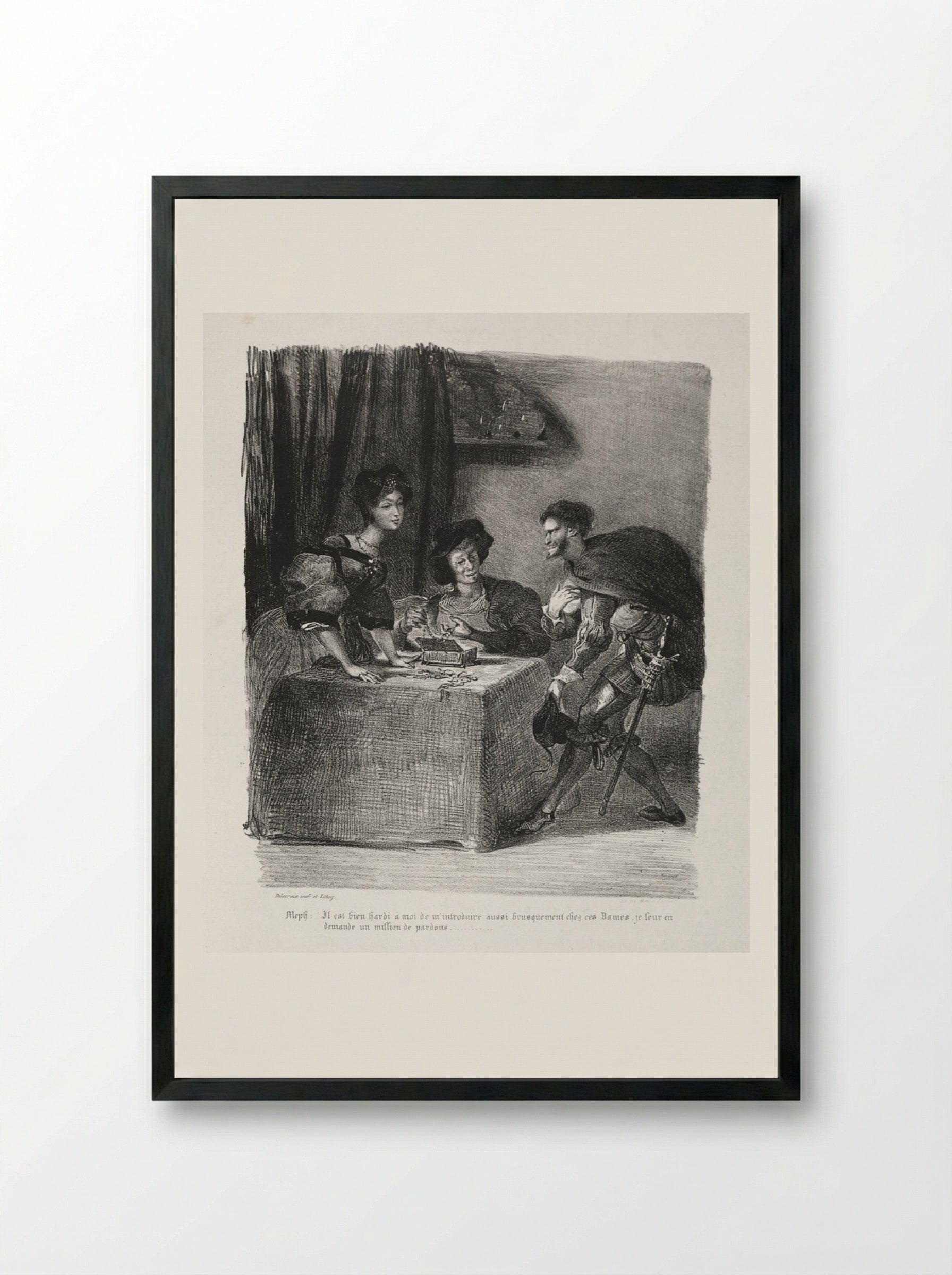 Illustrations for Faust: Méphistophélès is at Marthe - Eugène Delacroix - Framed Print Black
