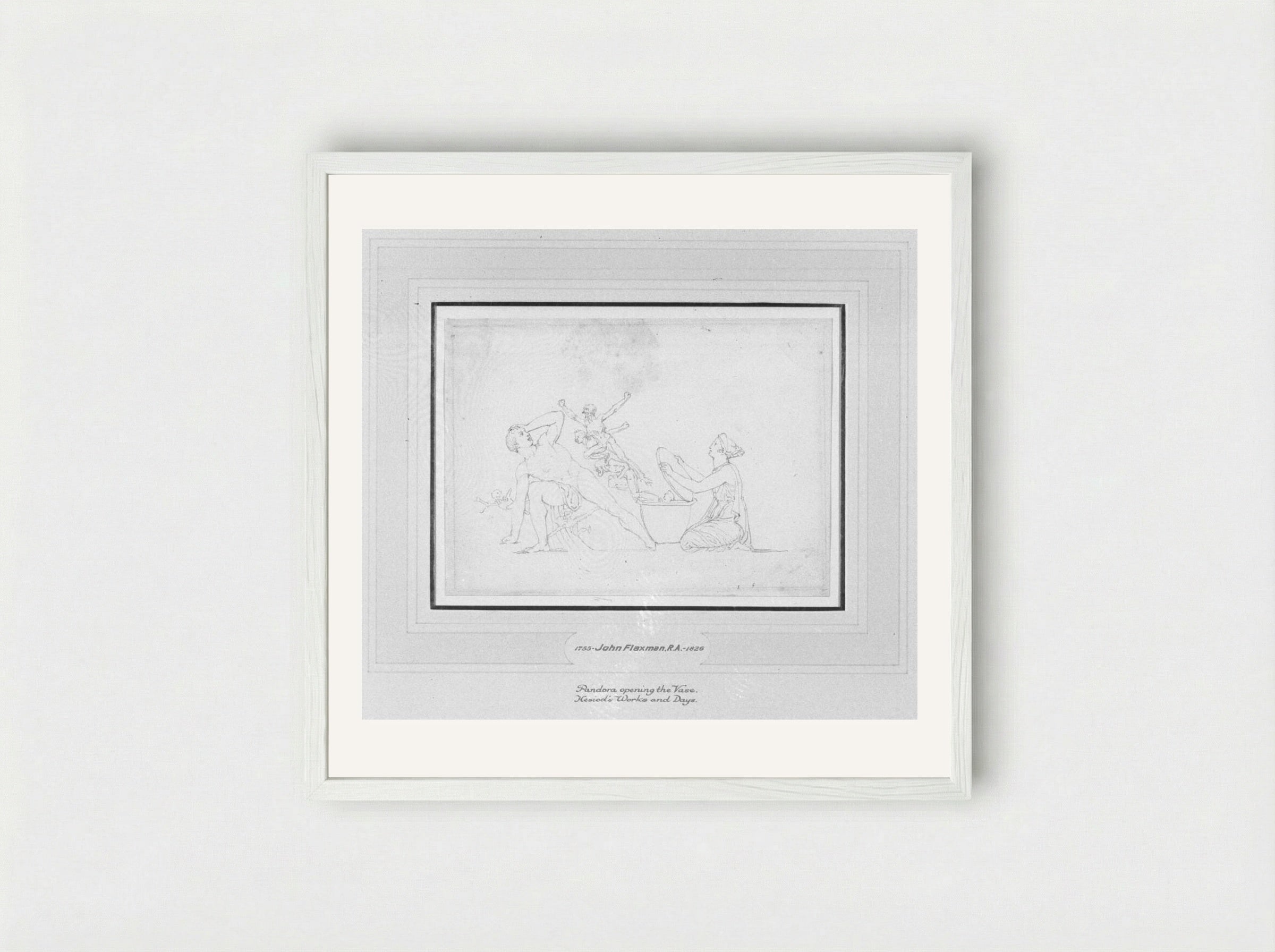 Pandora Opening the Vase (Hesiod, Works and Days) - John Flaxman - Framed Print White