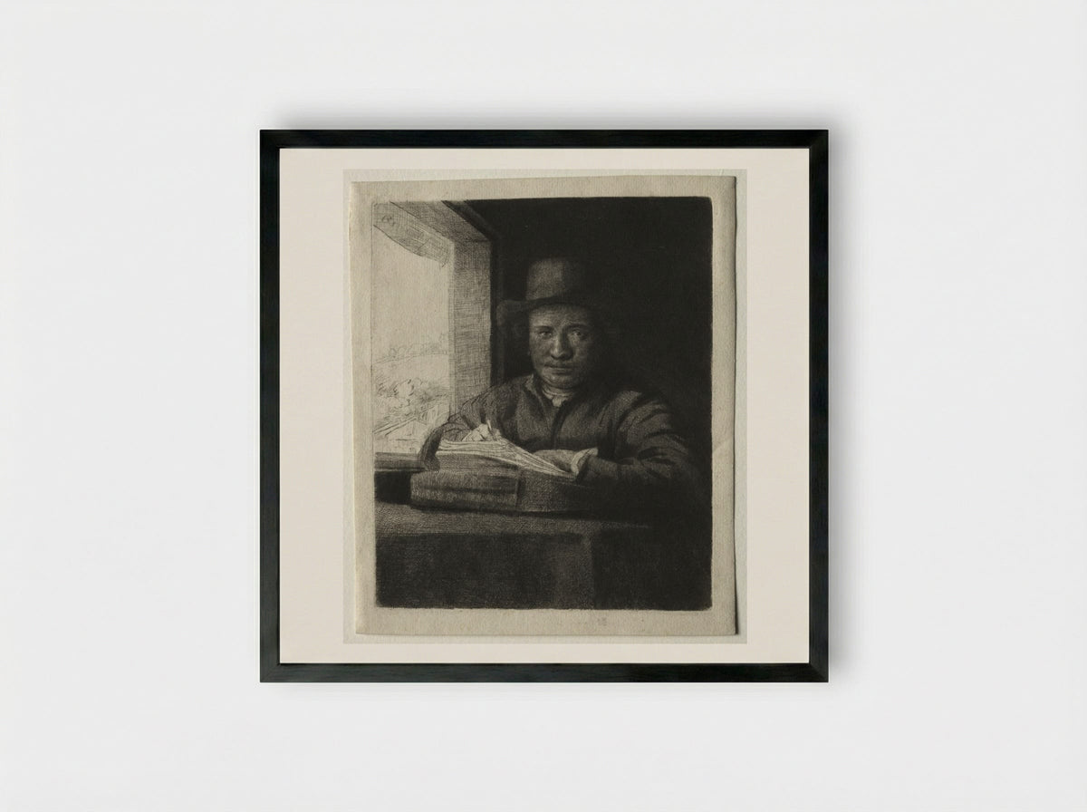 Self-Portrait Drawing at a Window - Rembrandt van Rijn - Framed Print Black